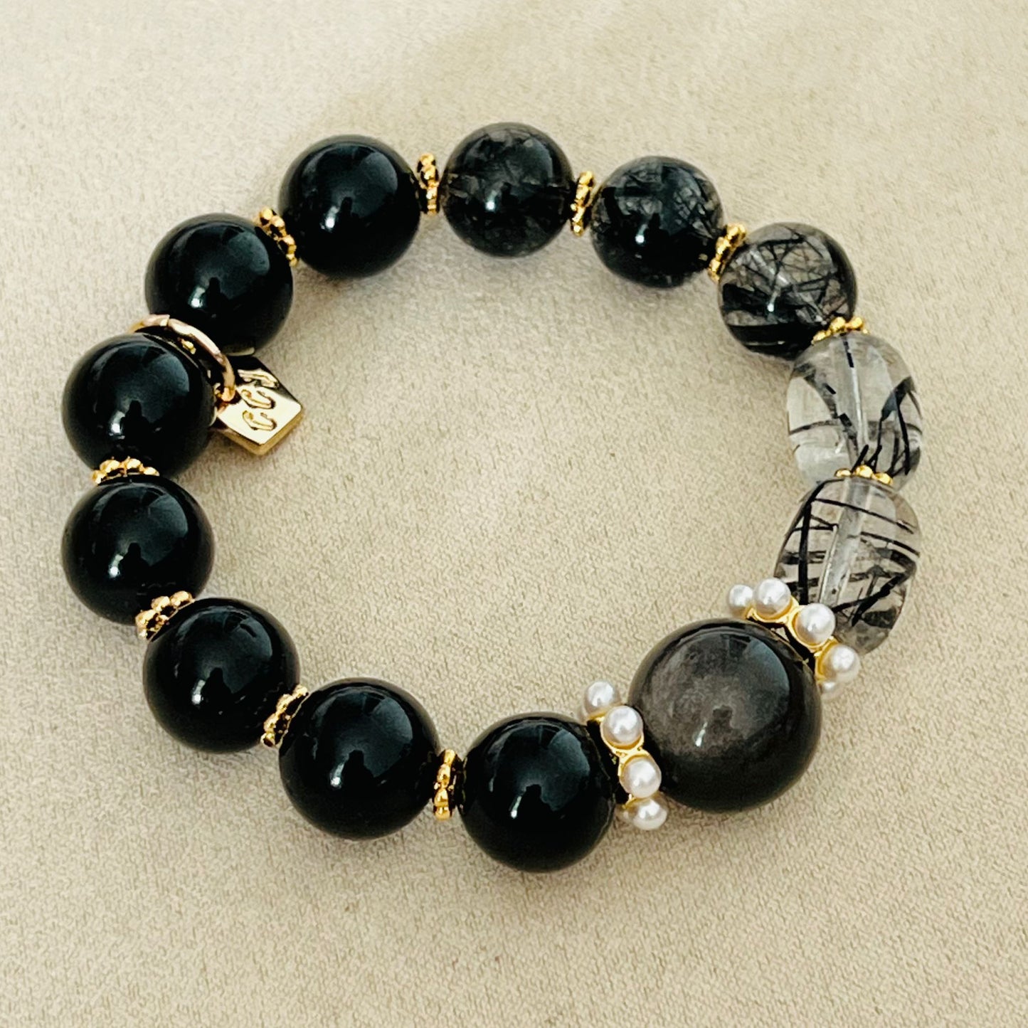 Silver Sheen Obsidian, Black Tourmaline & Rutilated Black Quartz Bracelet