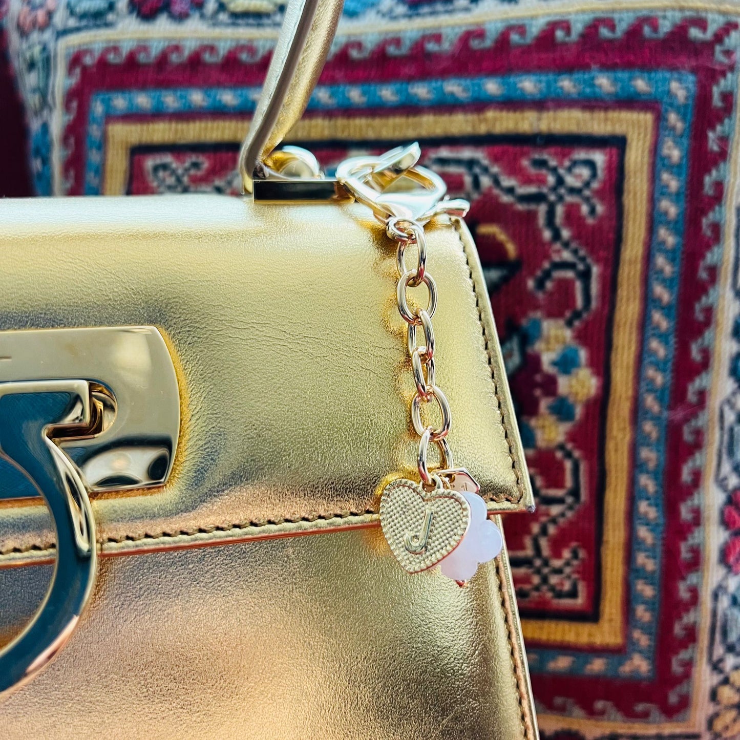 Rose Quartz Flower & Heart Letter Bag Charm/ Key Ring