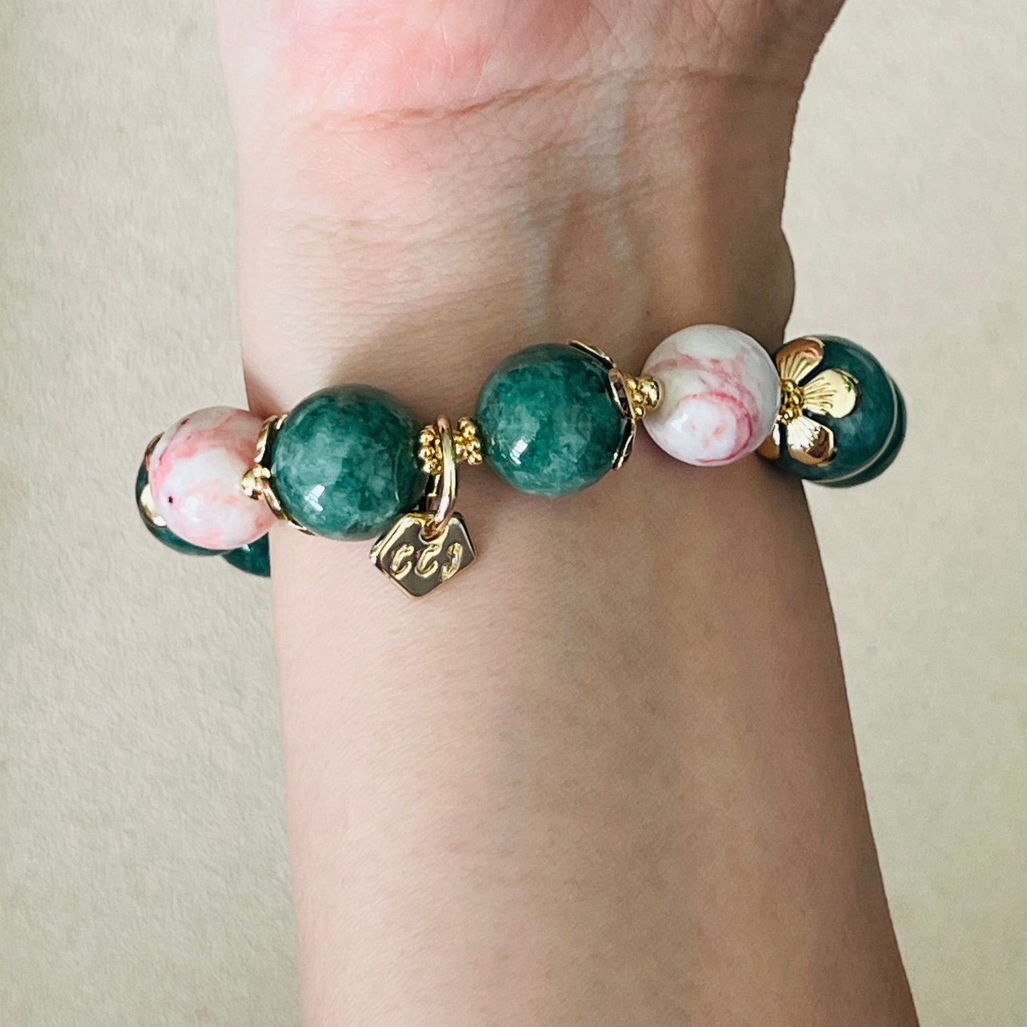 Green Pea Jade & Cinnabar In Quartz Bracelet