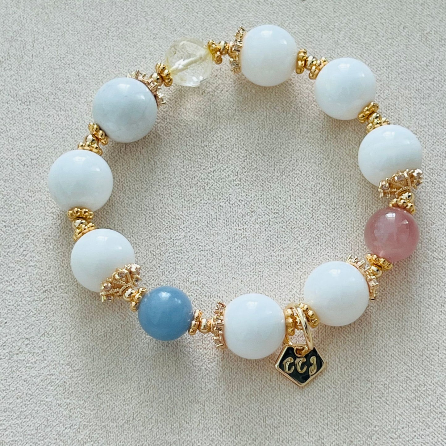 White Coral, Blue Angelite, Citrine & Madagascar Rose Quartz Bracelet