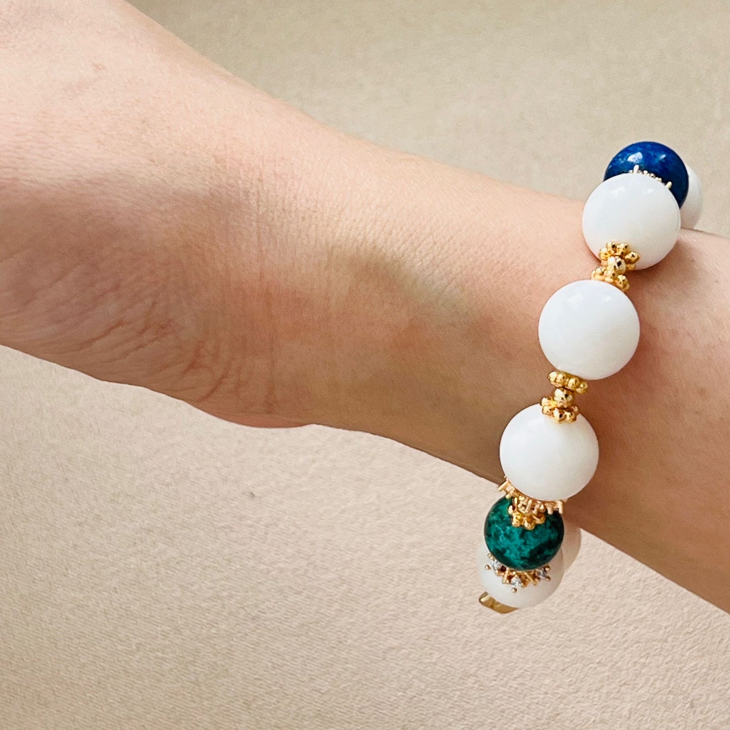 White Coral, Green Turquoise, Lapis Lazuli & Red Agate Bracelet