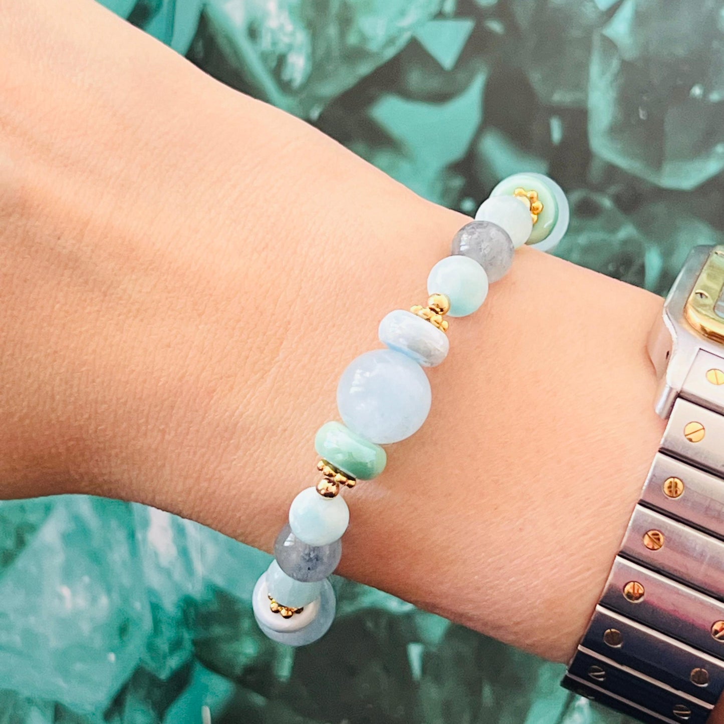 Blue Beryl, Blue Strawberry Quartz & Hemimorphite Candy Bracelet