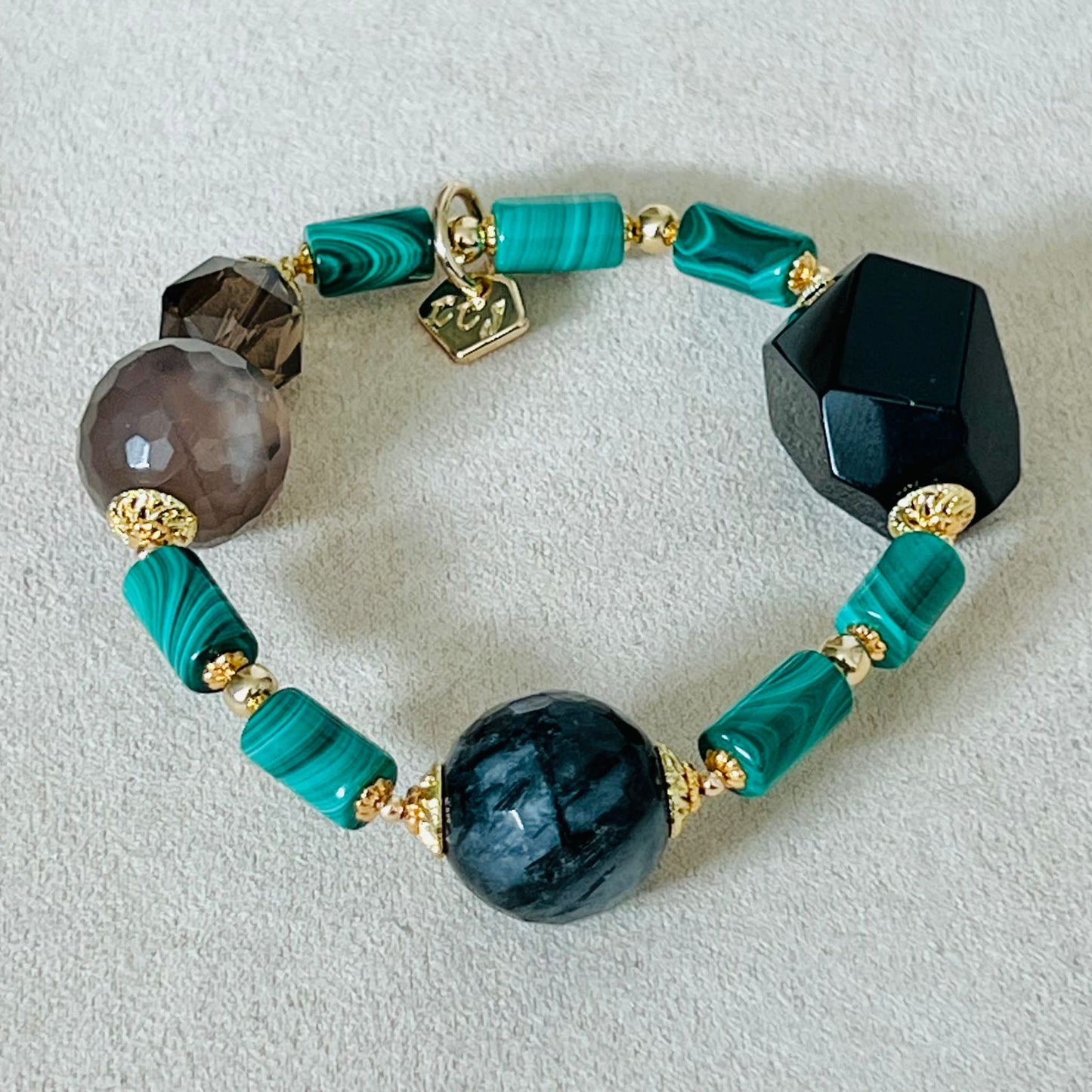 Raw Smoky Quartz, Rutilated Black Quartz, Botswana Agate & Malachite Bracelet