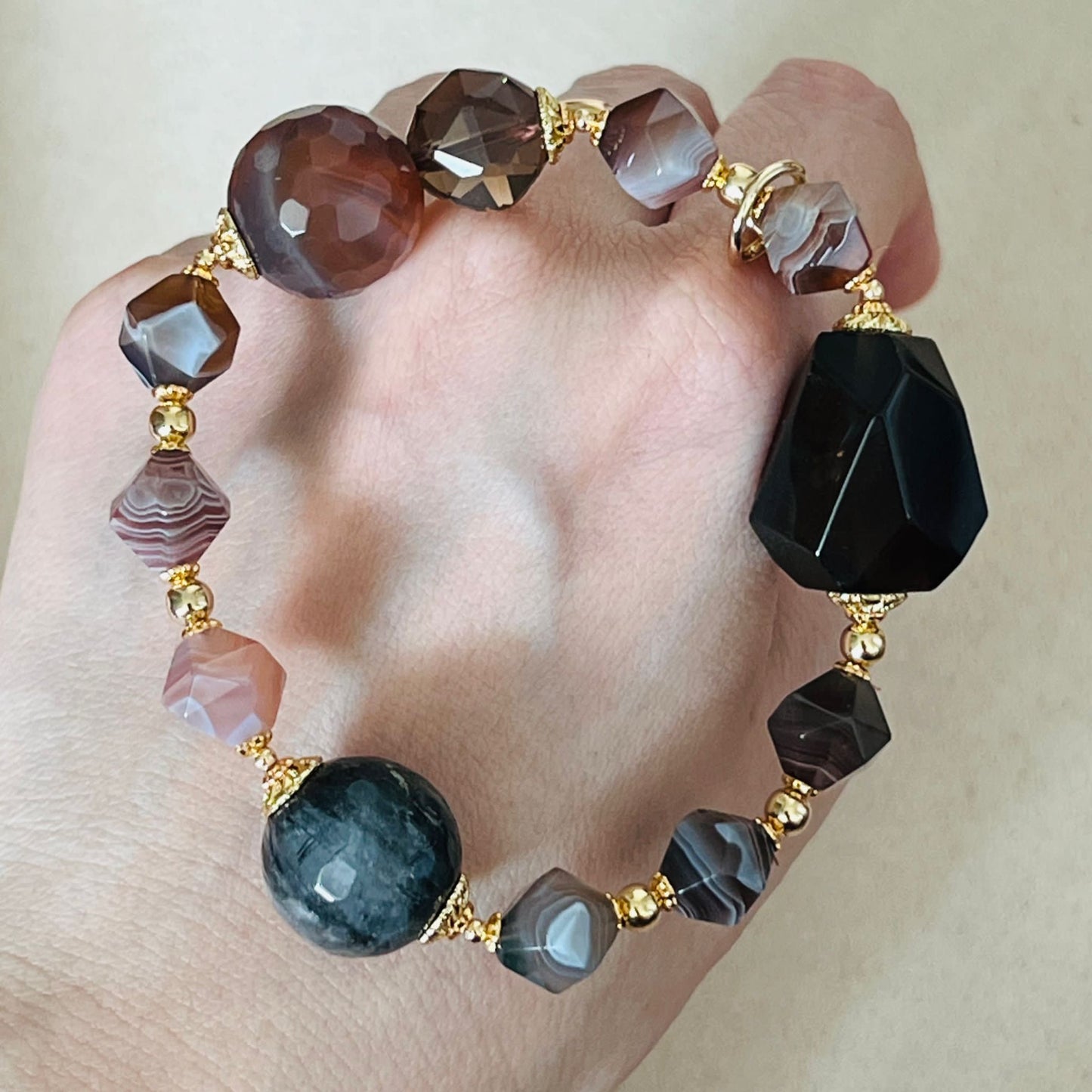 Raw Smoky Quartz, Rutilated Black Quartz & Botswana Agate Bracelet