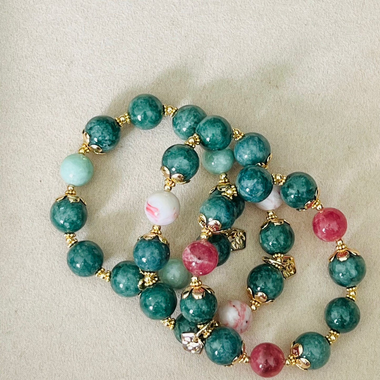 Green Pea Jade & Cinnabar In Quartz Bracelet