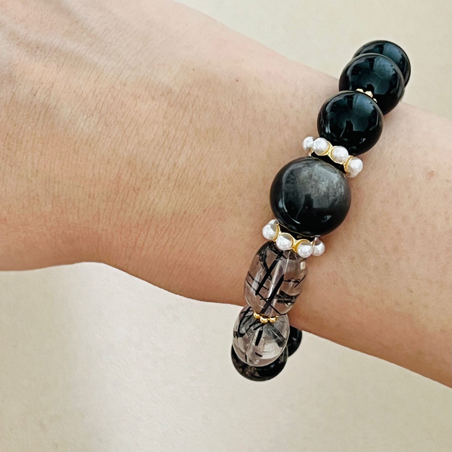 Silver Sheen Obsidian, Black Tourmaline & Rutilated Black Quartz Bracelet