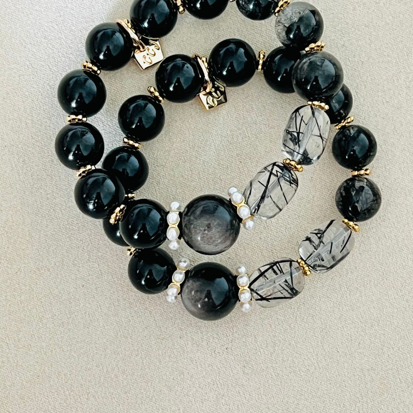 Silver Sheen Obsidian, Black Tourmaline & Rutilated Black Quartz Bracelet