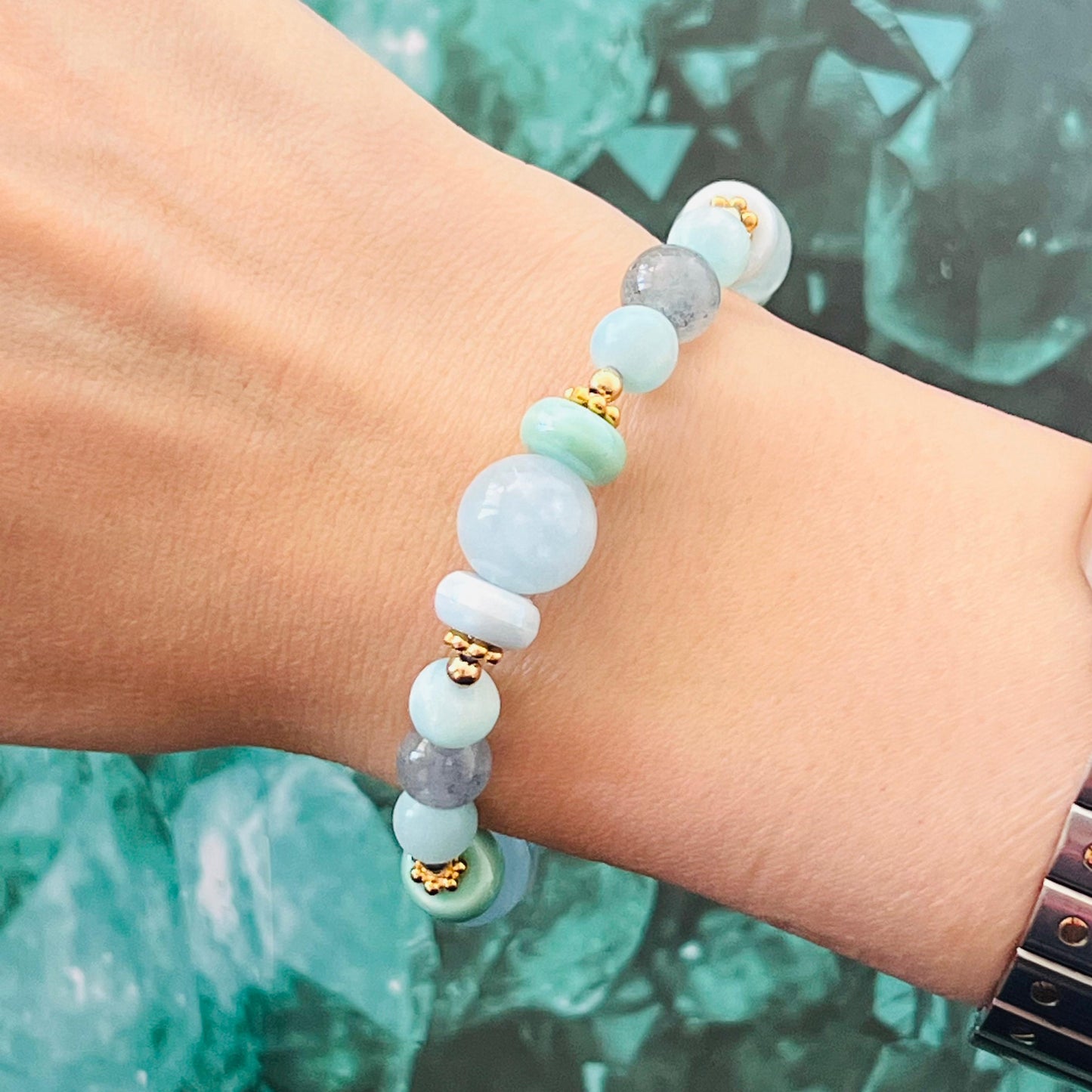 Blue Beryl, Blue Strawberry Quartz & Hemimorphite Candy Bracelet