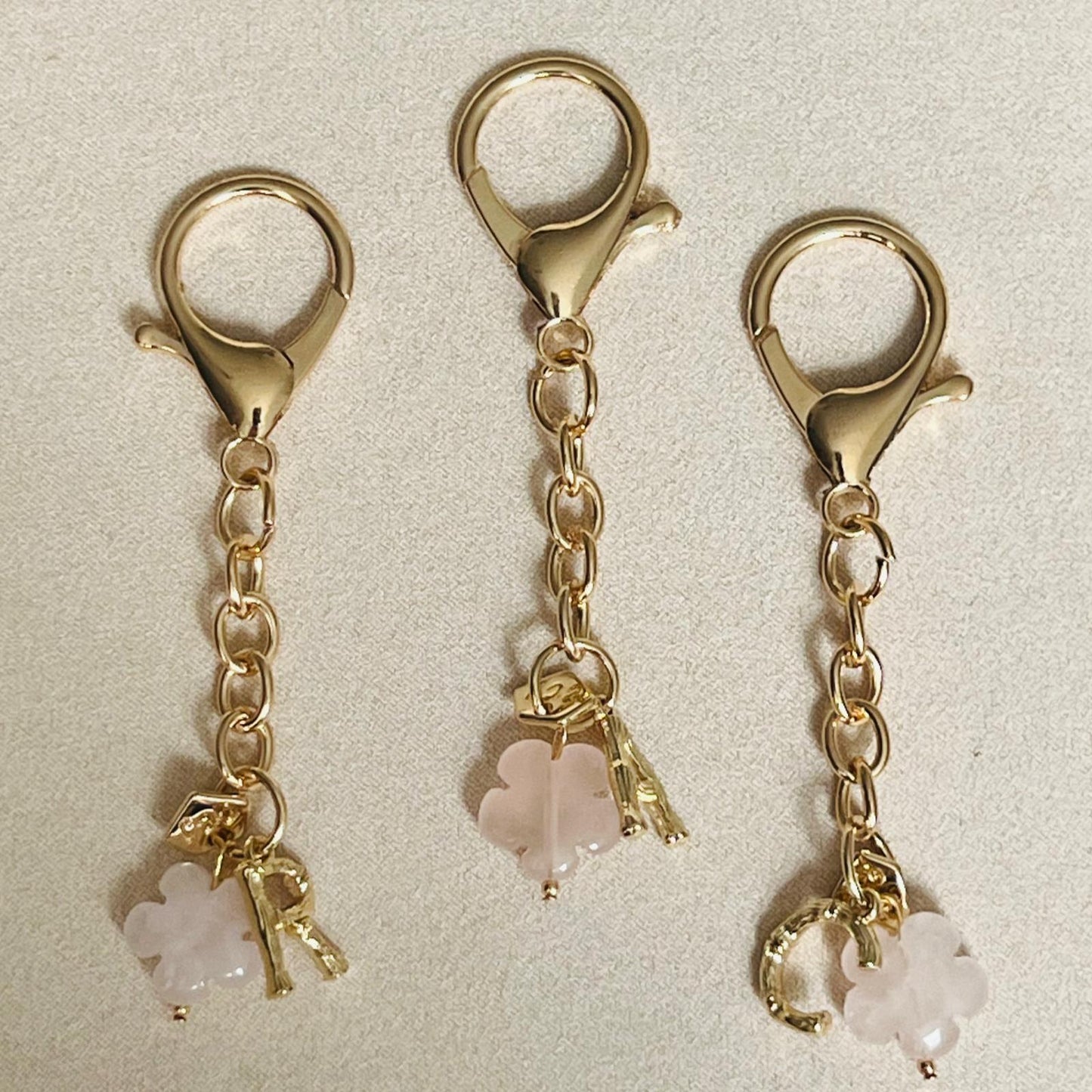 Rose Quartz Flower & Bamboo Letter Bag Charm/ Key Ring