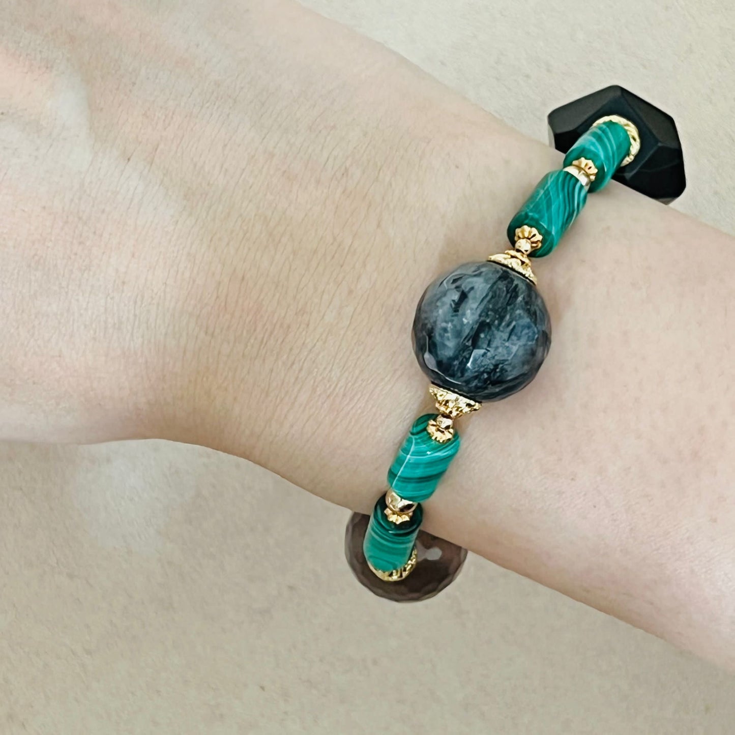 Raw Smoky Quartz, Rutilated Black Quartz, Botswana Agate & Malachite Bracelet