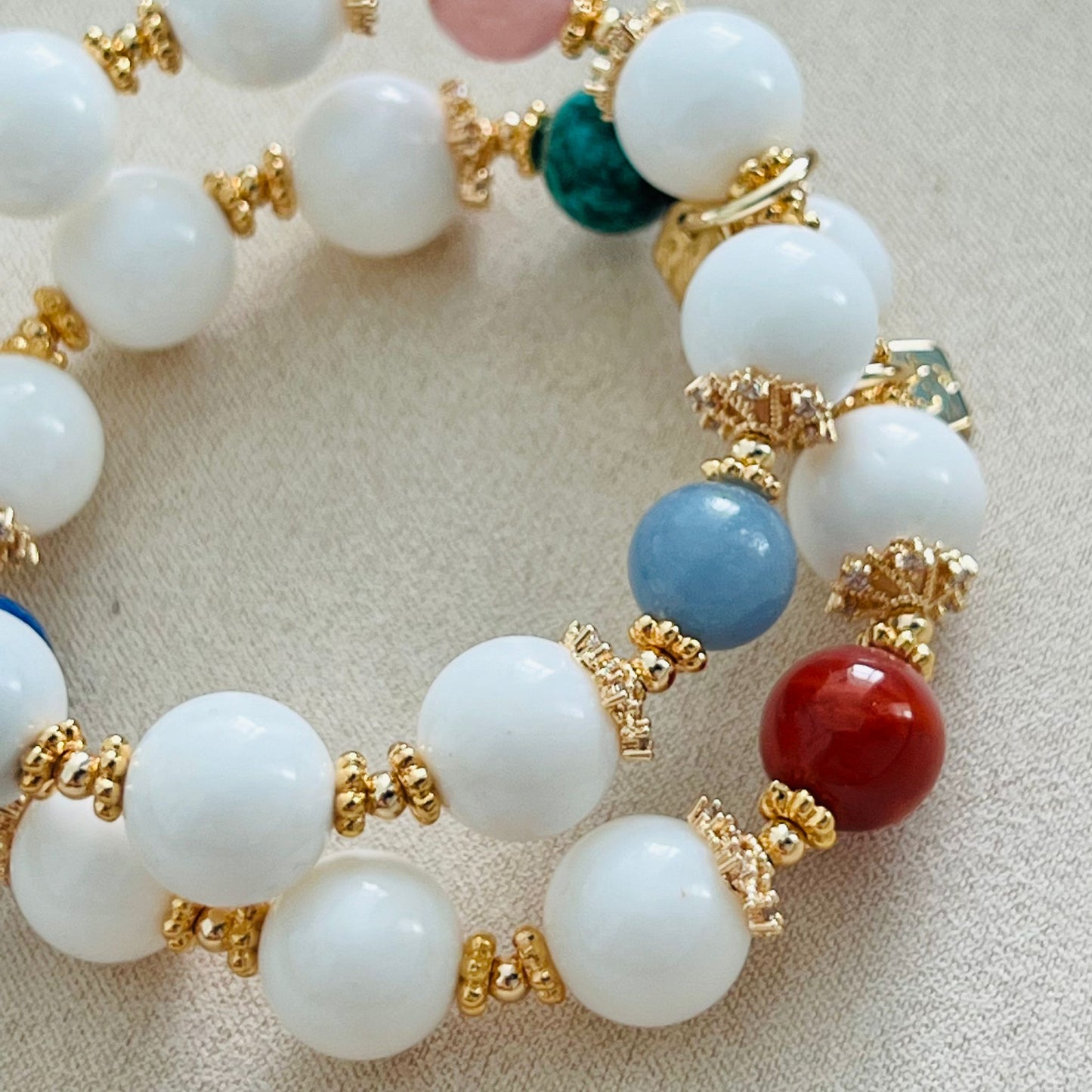 White Coral, Green Turquoise, Lapis Lazuli & Red Agate Bracelet