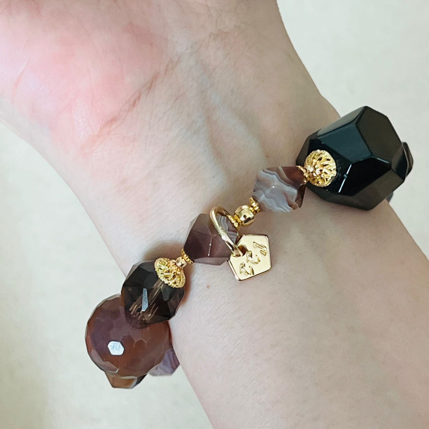 Raw Smoky Quartz, Rutilated Black Quartz & Botswana Agate Bracelet