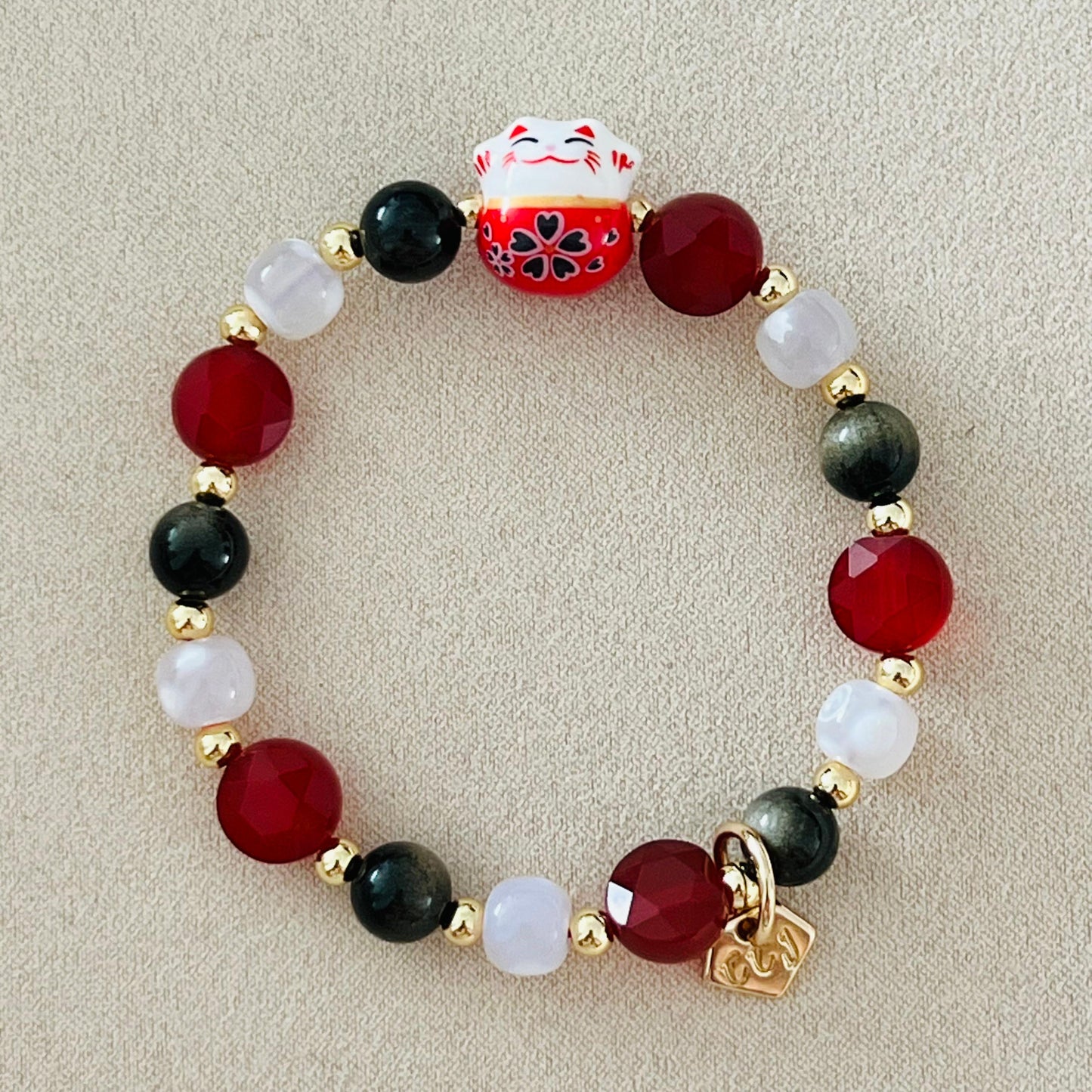 Gold Sheen Obsidian, Red Agate & Snowflake Agate Money Kitty Bracelet