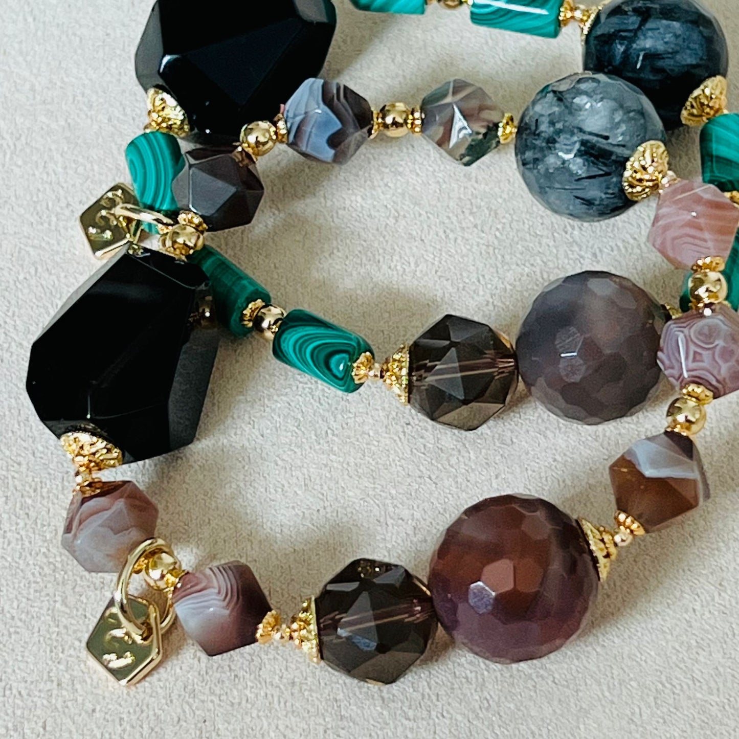 Raw Smoky Quartz, Rutilated Black Quartz & Botswana Agate Bracelet