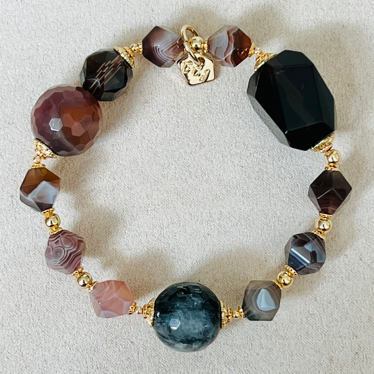 Raw Smoky Quartz, Rutilated Black Quartz & Botswana Agate Bracelet