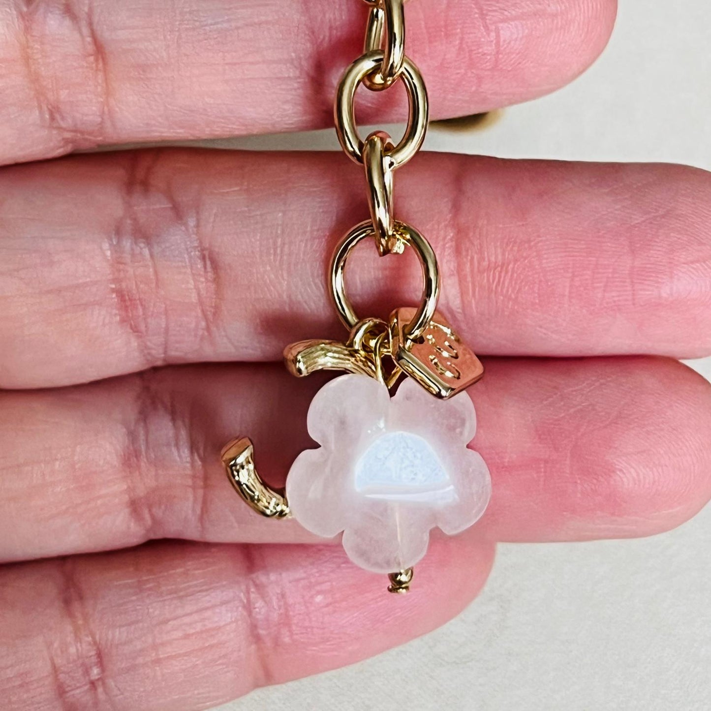 Rose Quartz Flower & Bamboo Letter Bag Charm/ Key Ring