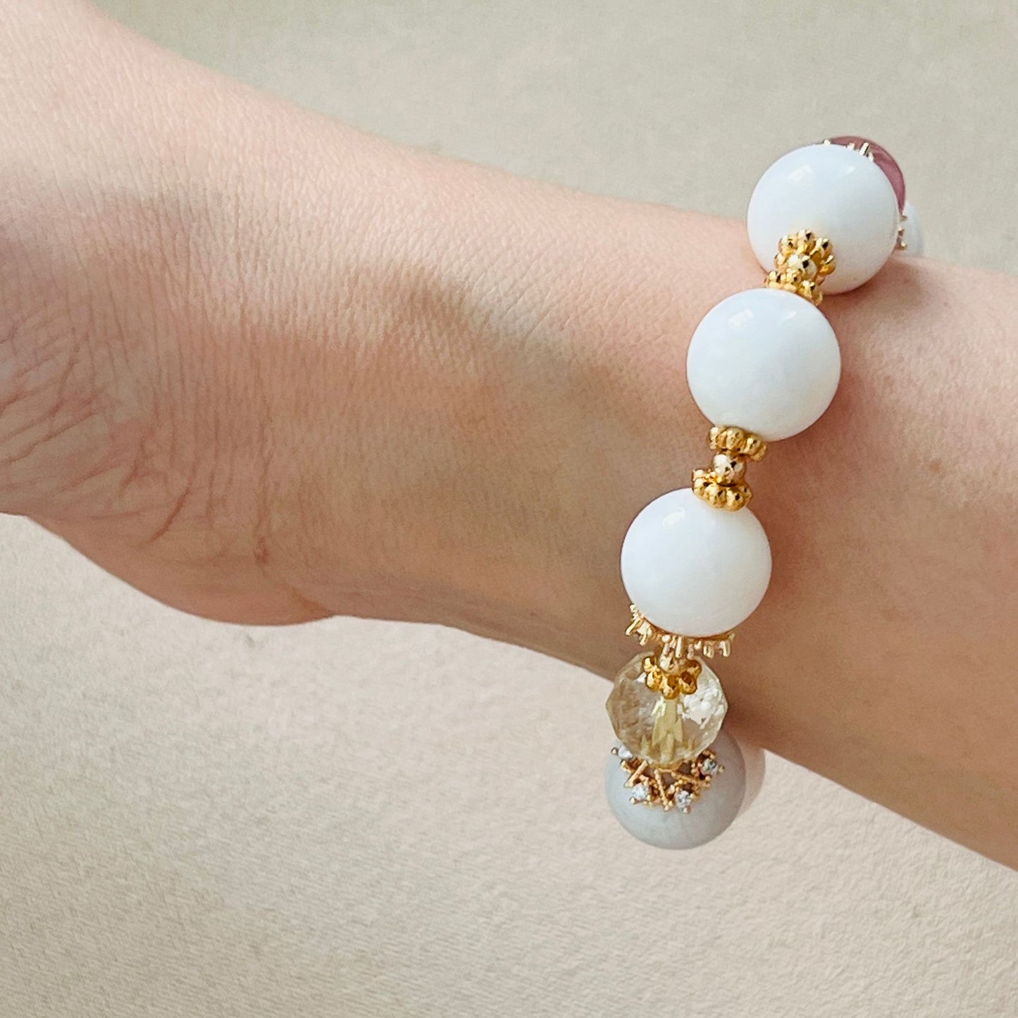 White Coral, Blue Angelite, Citrine & Madagascar Rose Quartz Bracelet