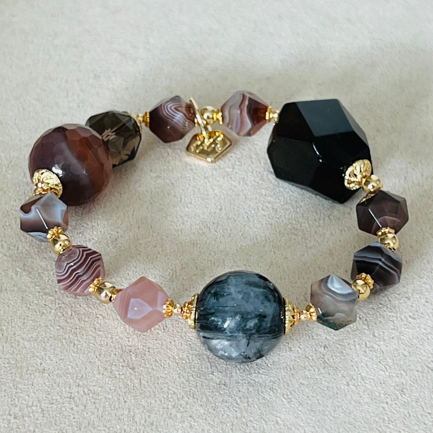 Raw Smoky Quartz, Rutilated Black Quartz & Botswana Agate Bracelet