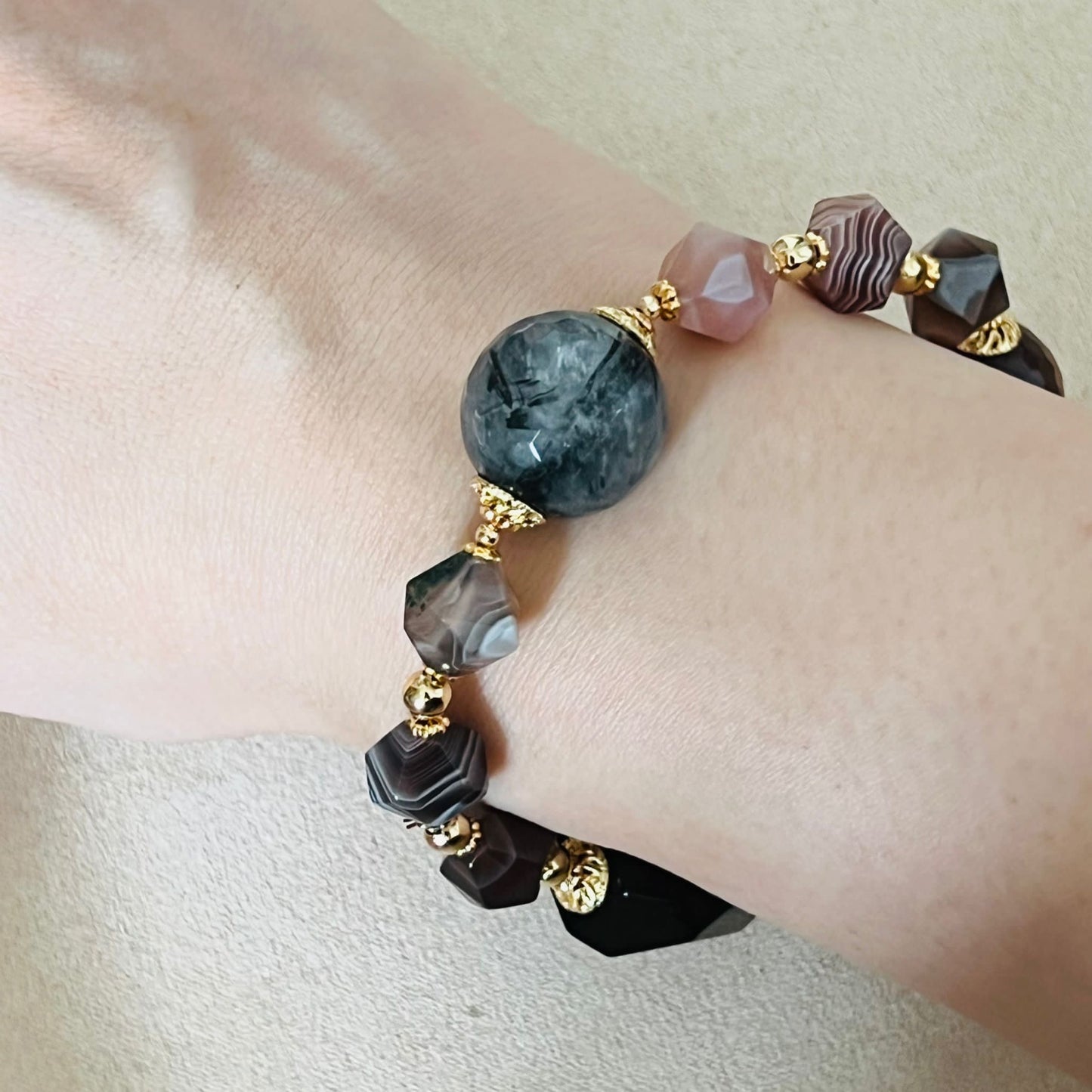Raw Smoky Quartz, Rutilated Black Quartz & Botswana Agate Bracelet