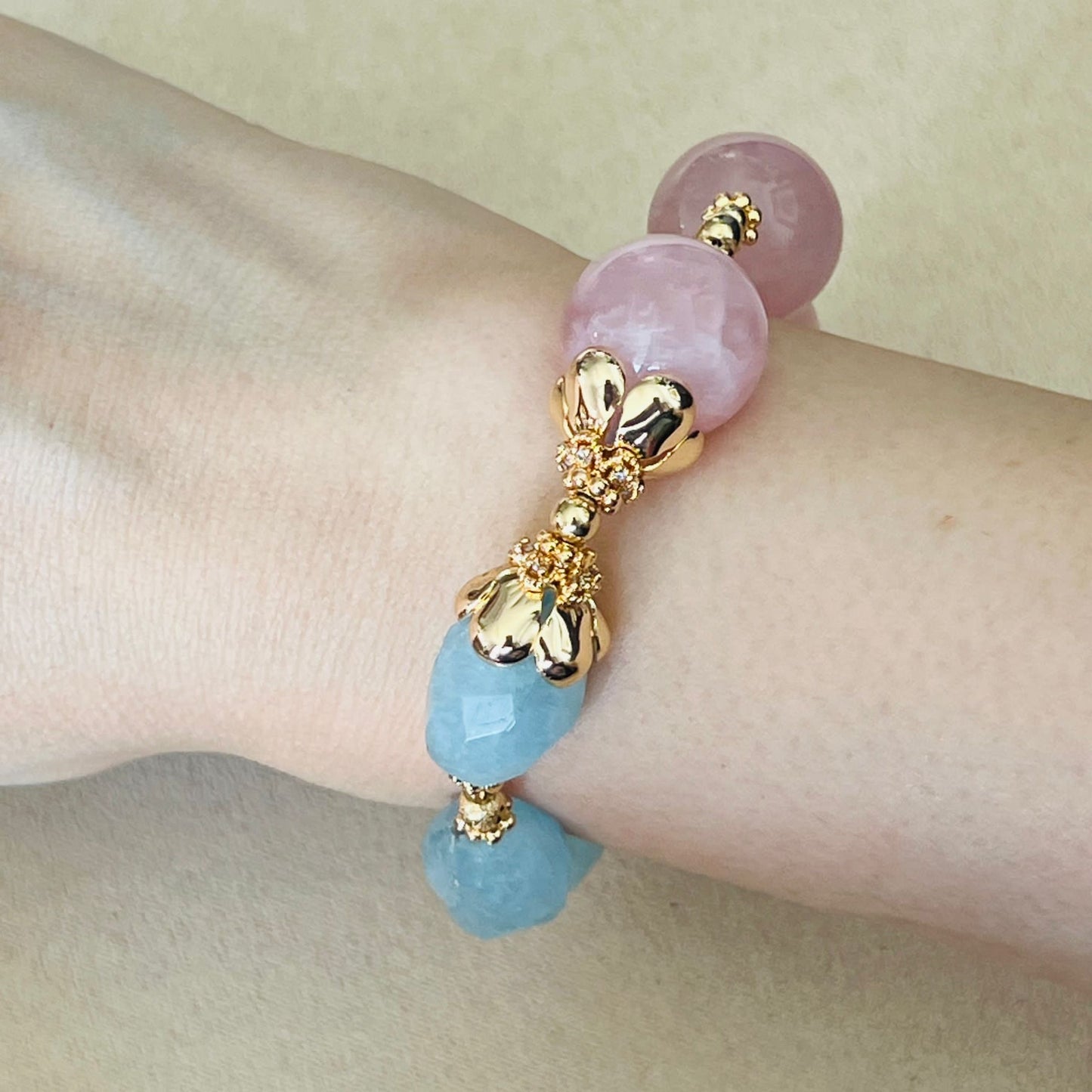 Raw Aquamarine & Madagascar Rose Quartz Bracelet