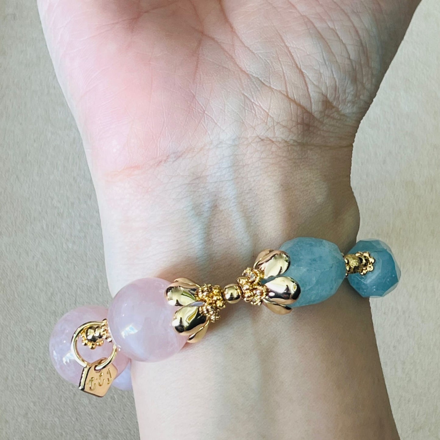 Raw Aquamarine & Madagascar Rose Quartz Bracelet