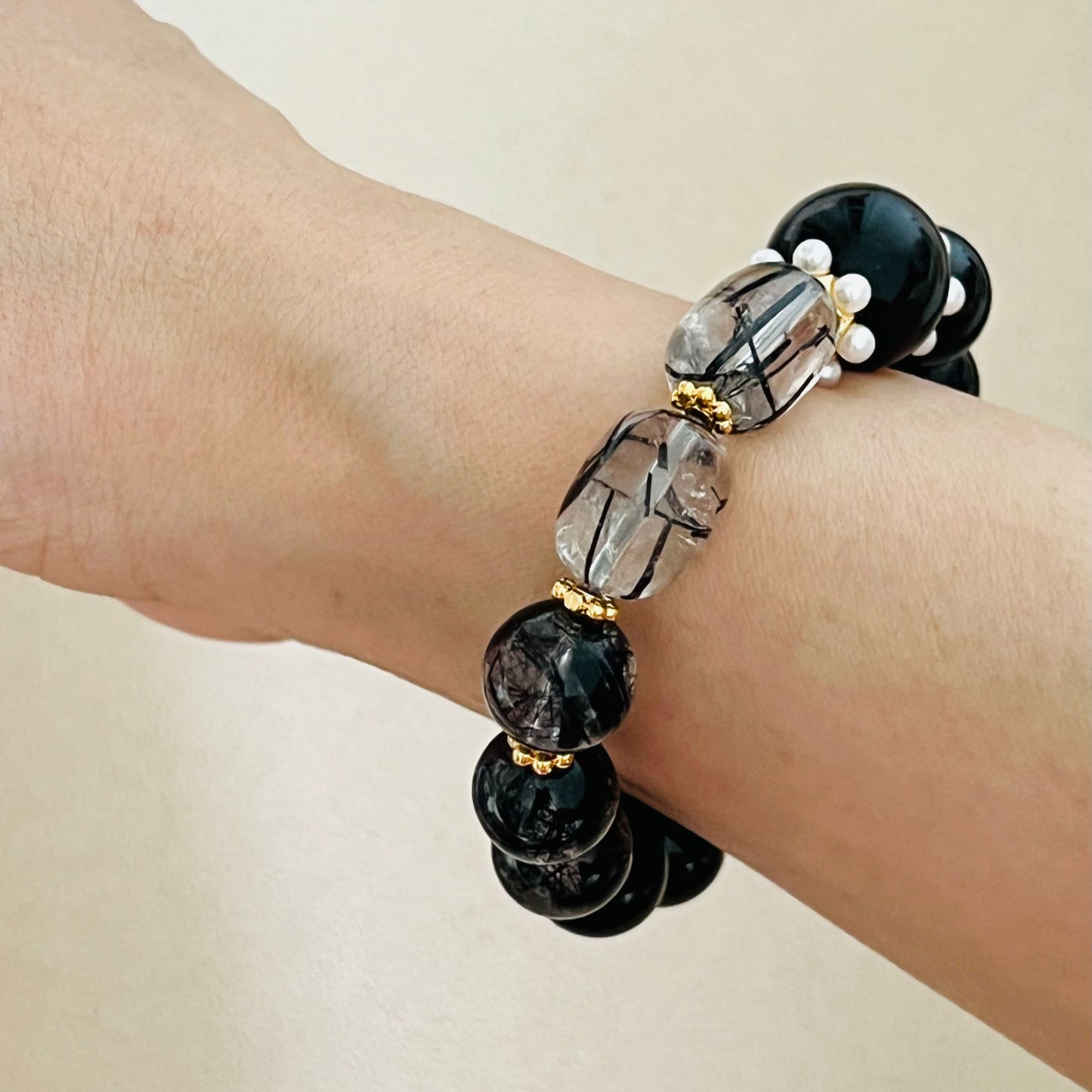 Silver Sheen Obsidian, Black Tourmaline & Rutilated Black Quartz Bracelet