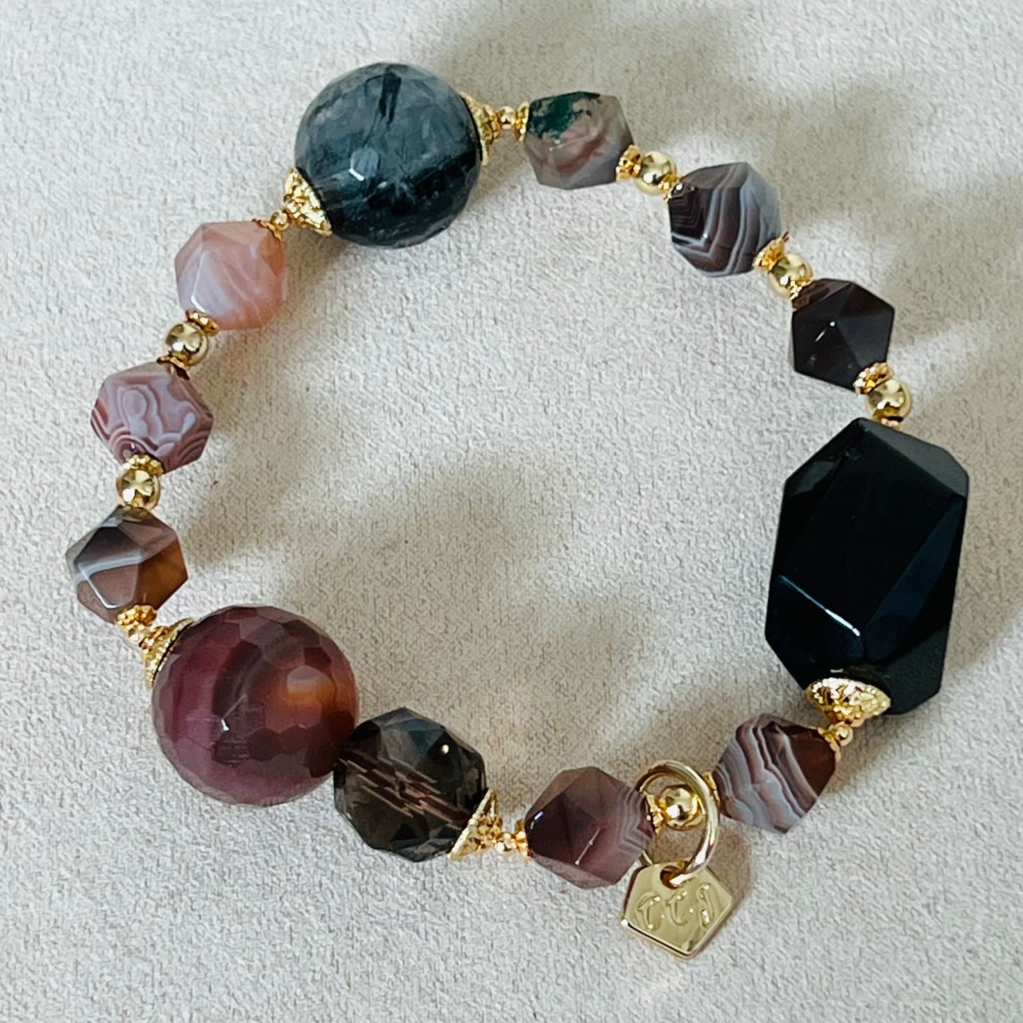 Raw Smoky Quartz, Rutilated Black Quartz & Botswana Agate Bracelet