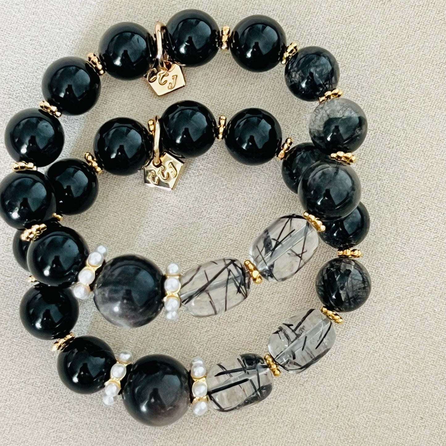 Silver Sheen Obsidian, Black Tourmaline & Rutilated Black Quartz Bracelet