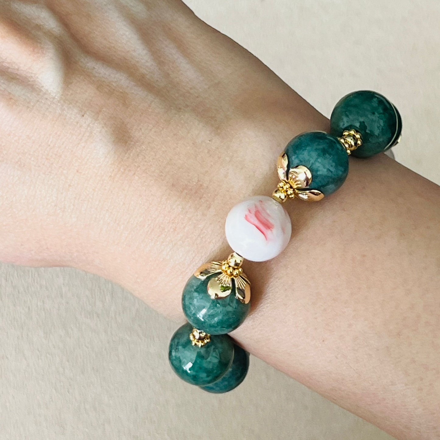 Green Pea Jade & Cinnabar In Quartz Bracelet