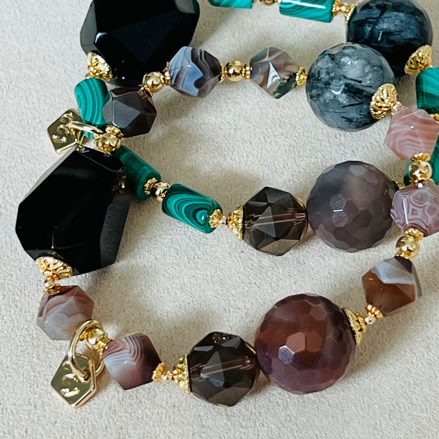 Raw Smoky Quartz, Rutilated Black Quartz, Botswana Agate & Malachite Bracelet