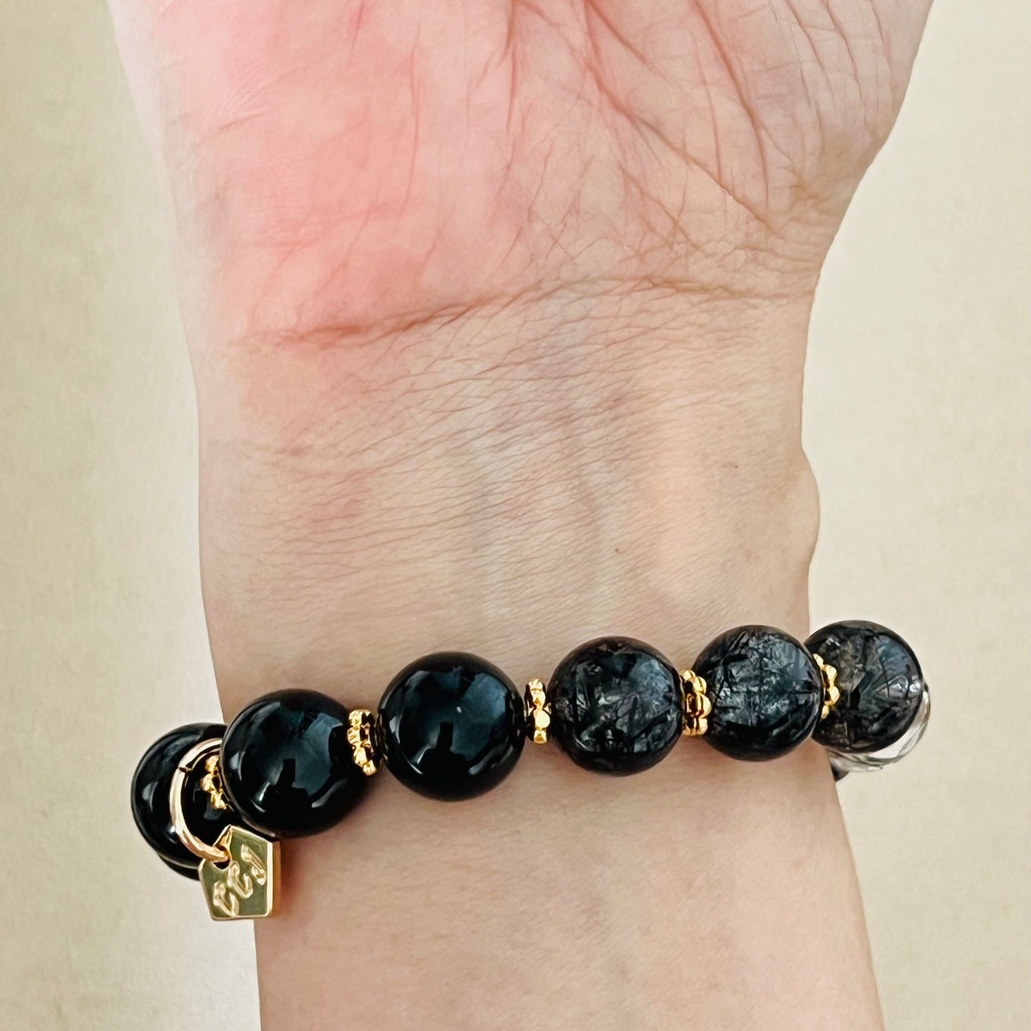 Silver Sheen Obsidian, Black Tourmaline & Rutilated Black Quartz Bracelet