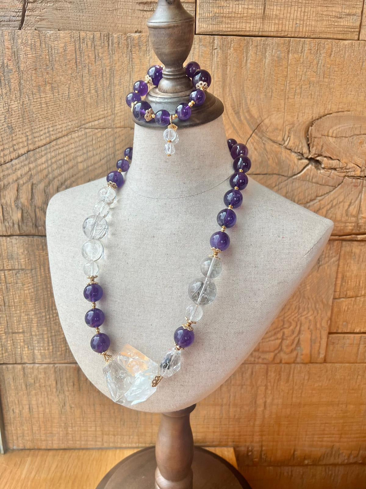 Amethyst, Clear Quartz, Himalayan Quartz, Rutilated Quartz & Herkimer Diamond Necklace & Bracelet Set