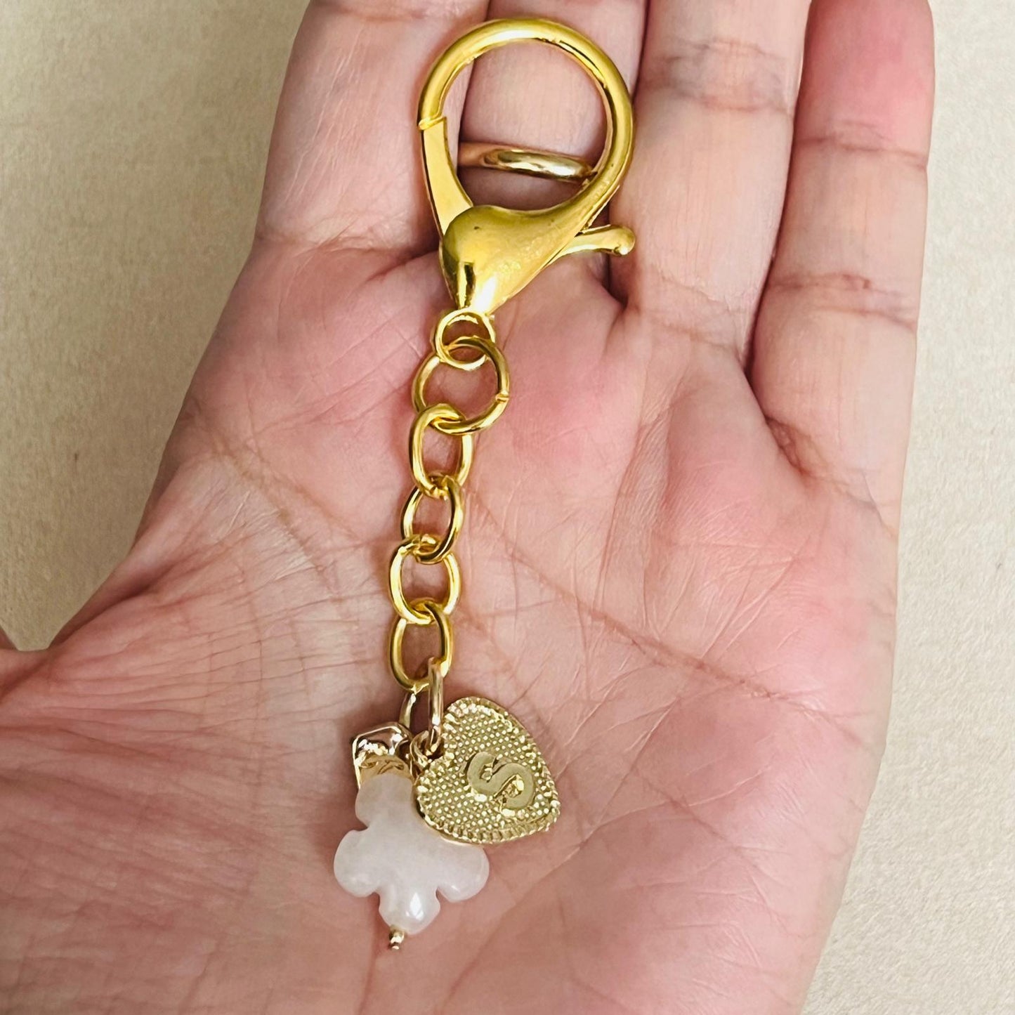 Rose Quartz Flower & Heart Letter Bag Charm/ Key Ring