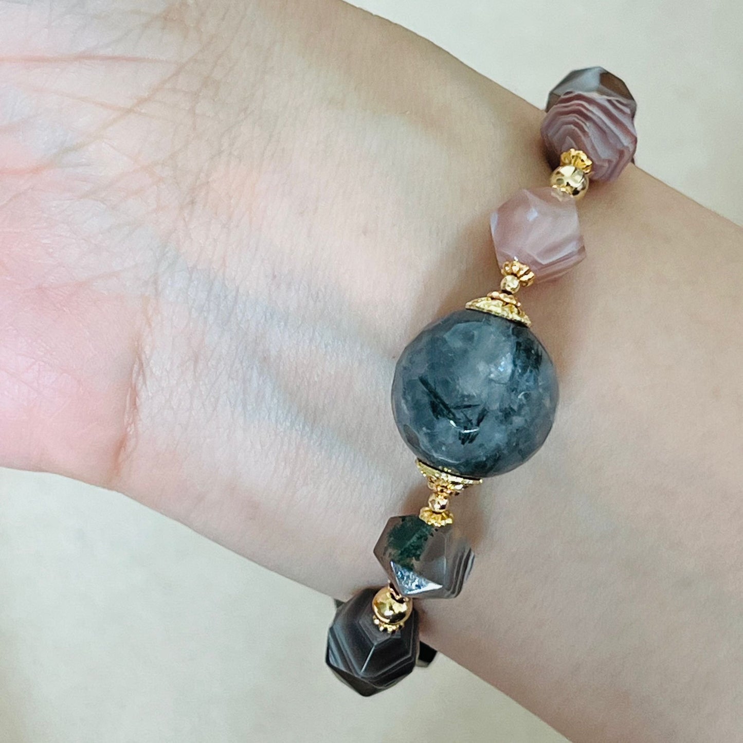 Raw Smoky Quartz, Rutilated Black Quartz & Botswana Agate Bracelet