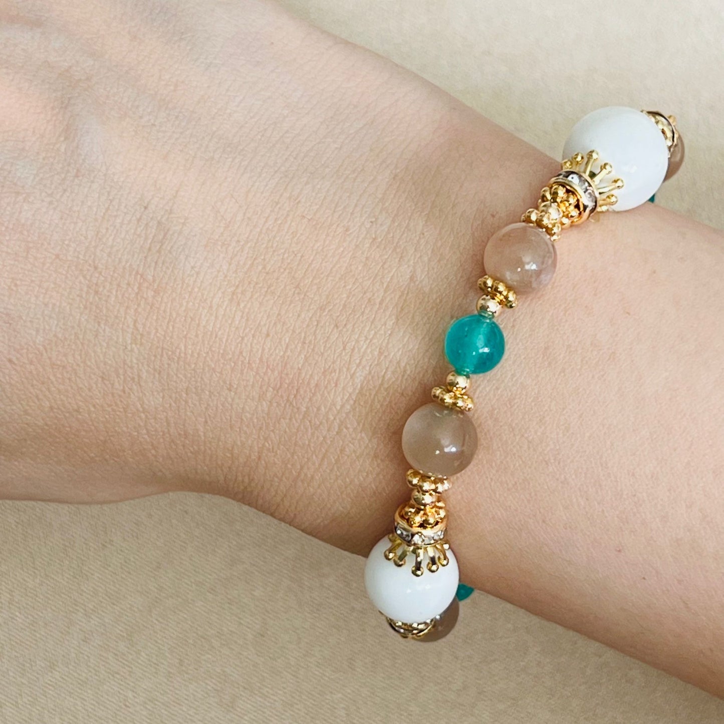 White Coral, Moonlight Sunstone & Amazonite Bracelet