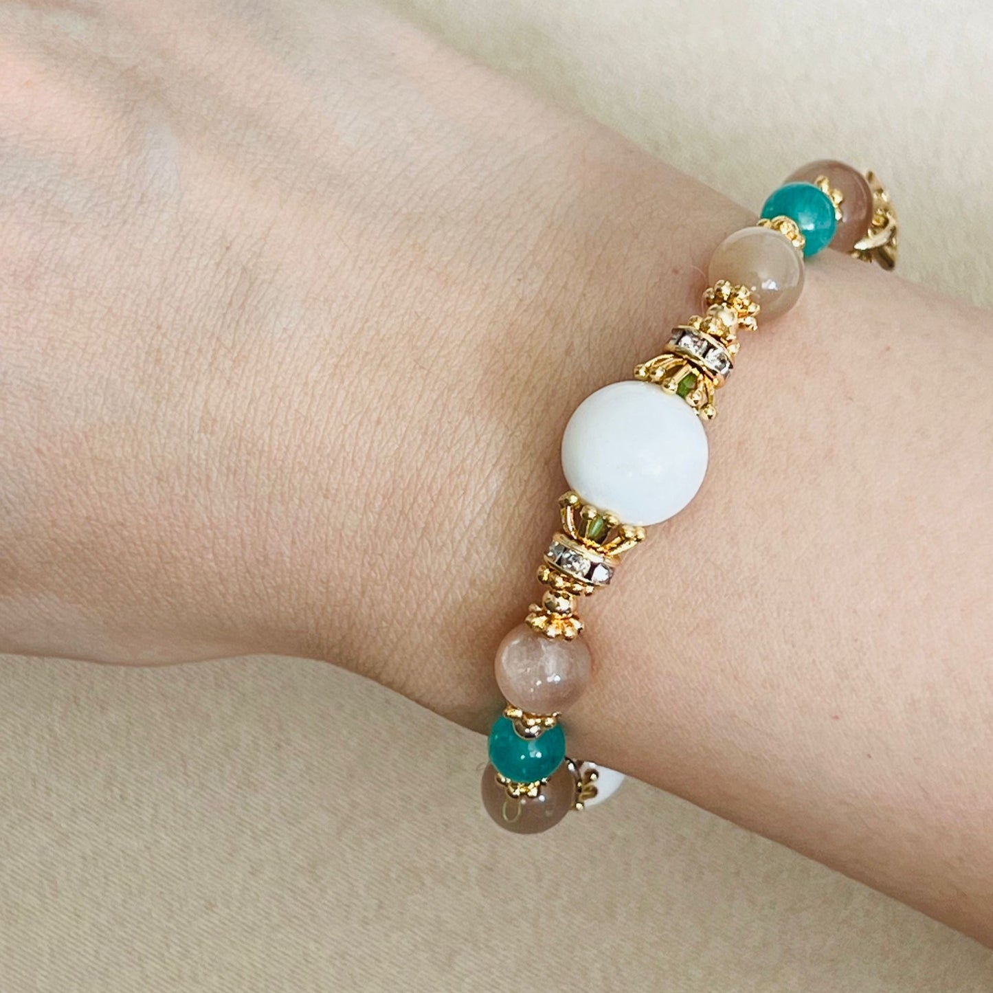 White Coral, Moonlight Sunstone & Amazonite Bracelet