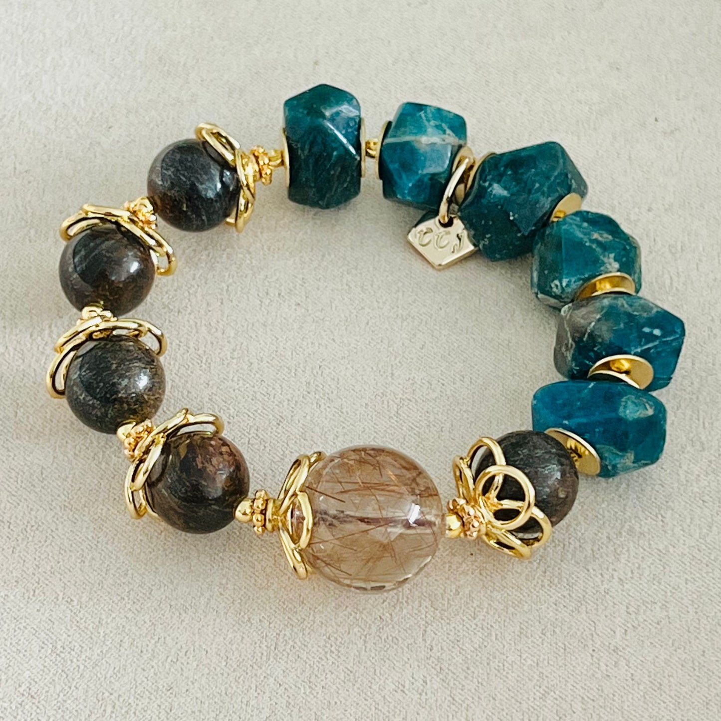 Bronze Rutilated Quartz, Bronzite & Blue Apatite Bracelet