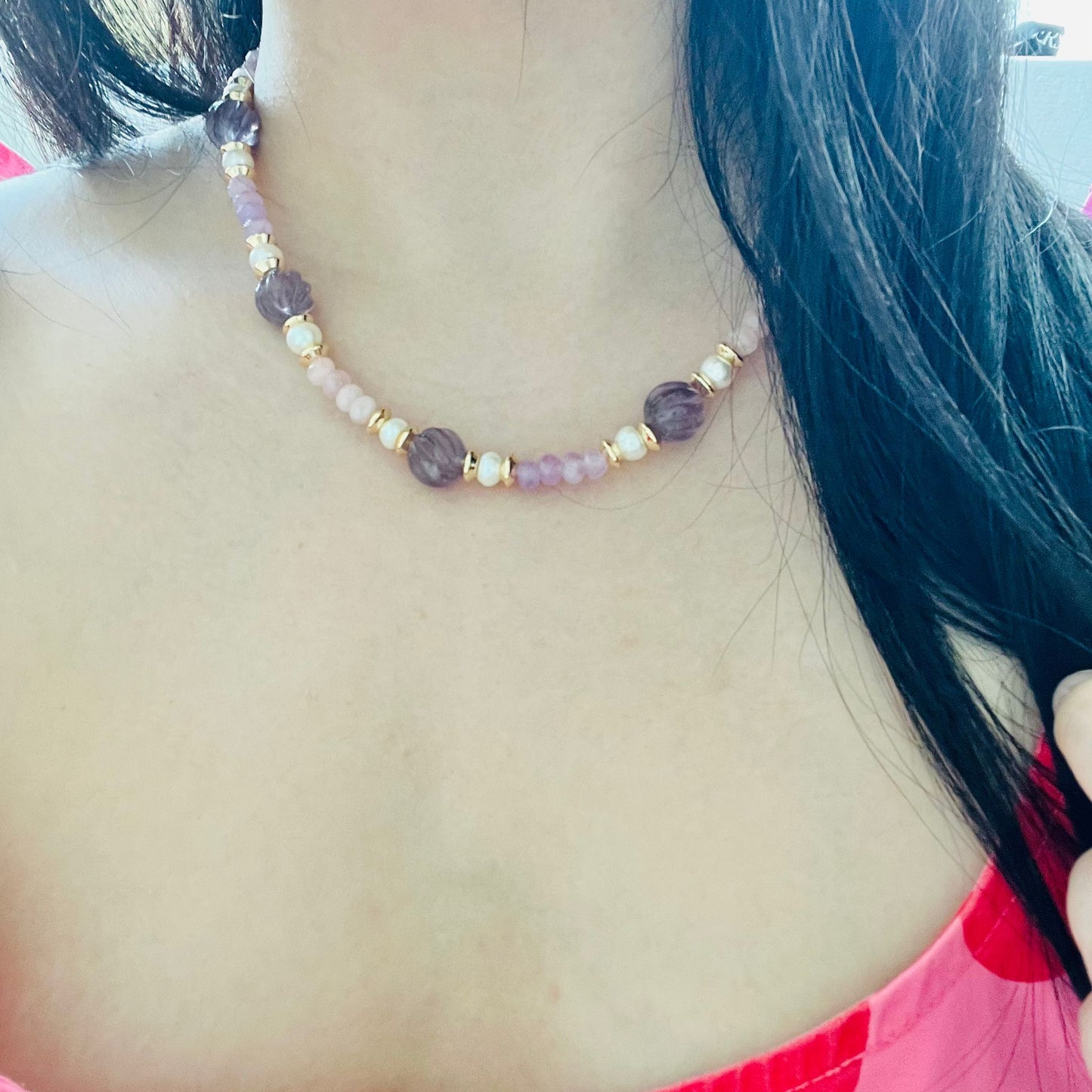 Amethyst, Baroque Pearl & Rose Quartz Necklace