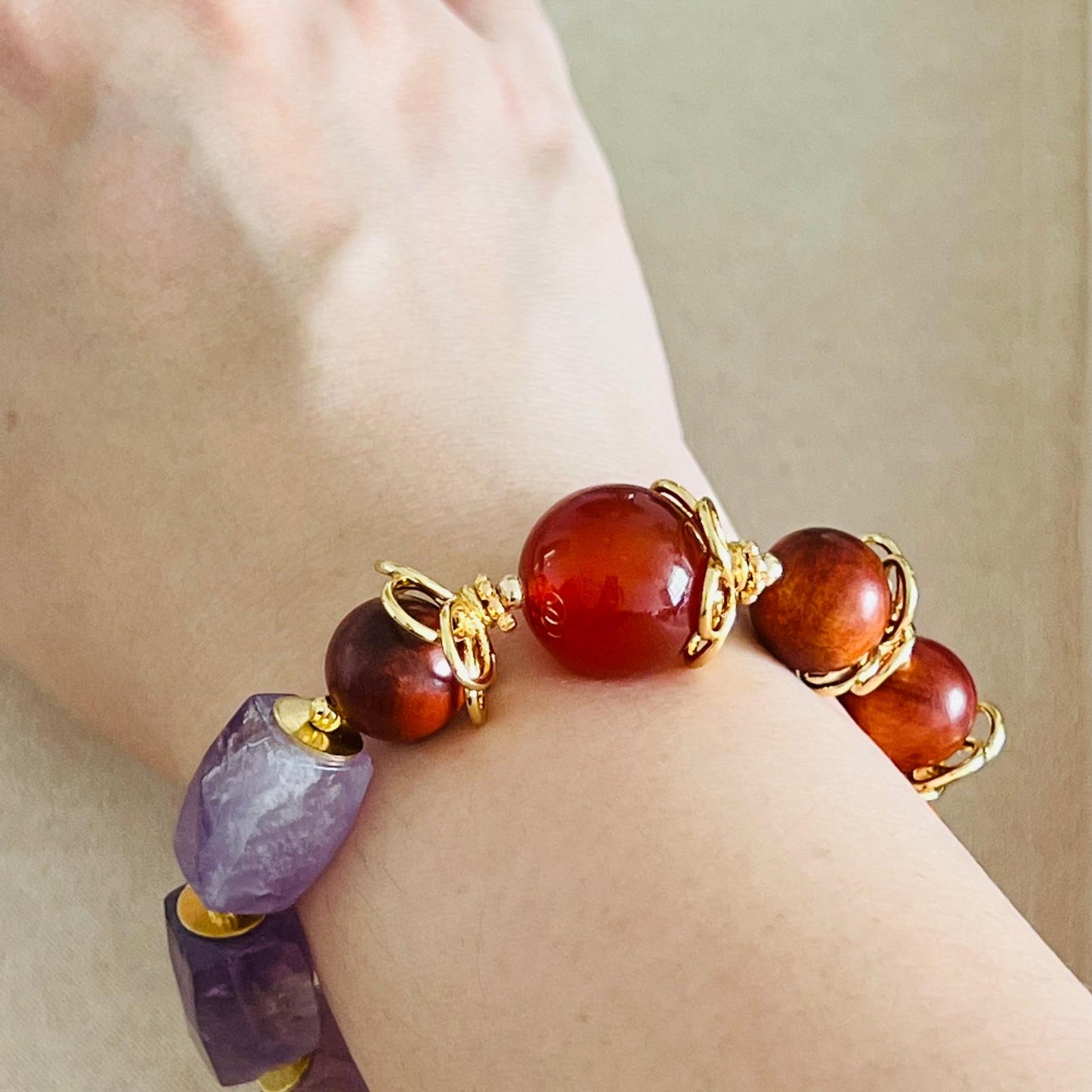 Red Agate, King Of Wood & Amethyst Bracelet