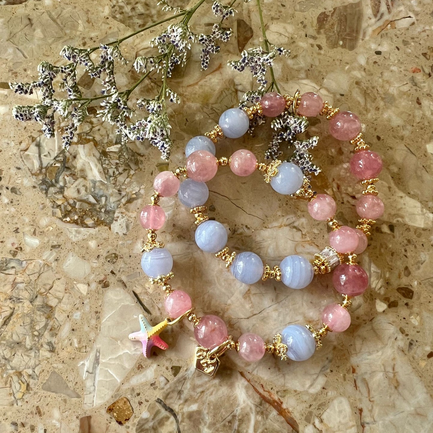 Madagascar Rose Quartz & Blue Lace Agate Moon Bracelet