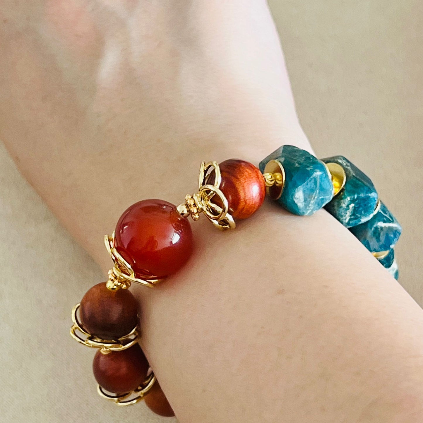 Red Agate, King Of Wood & Blue Apatite Bracelet