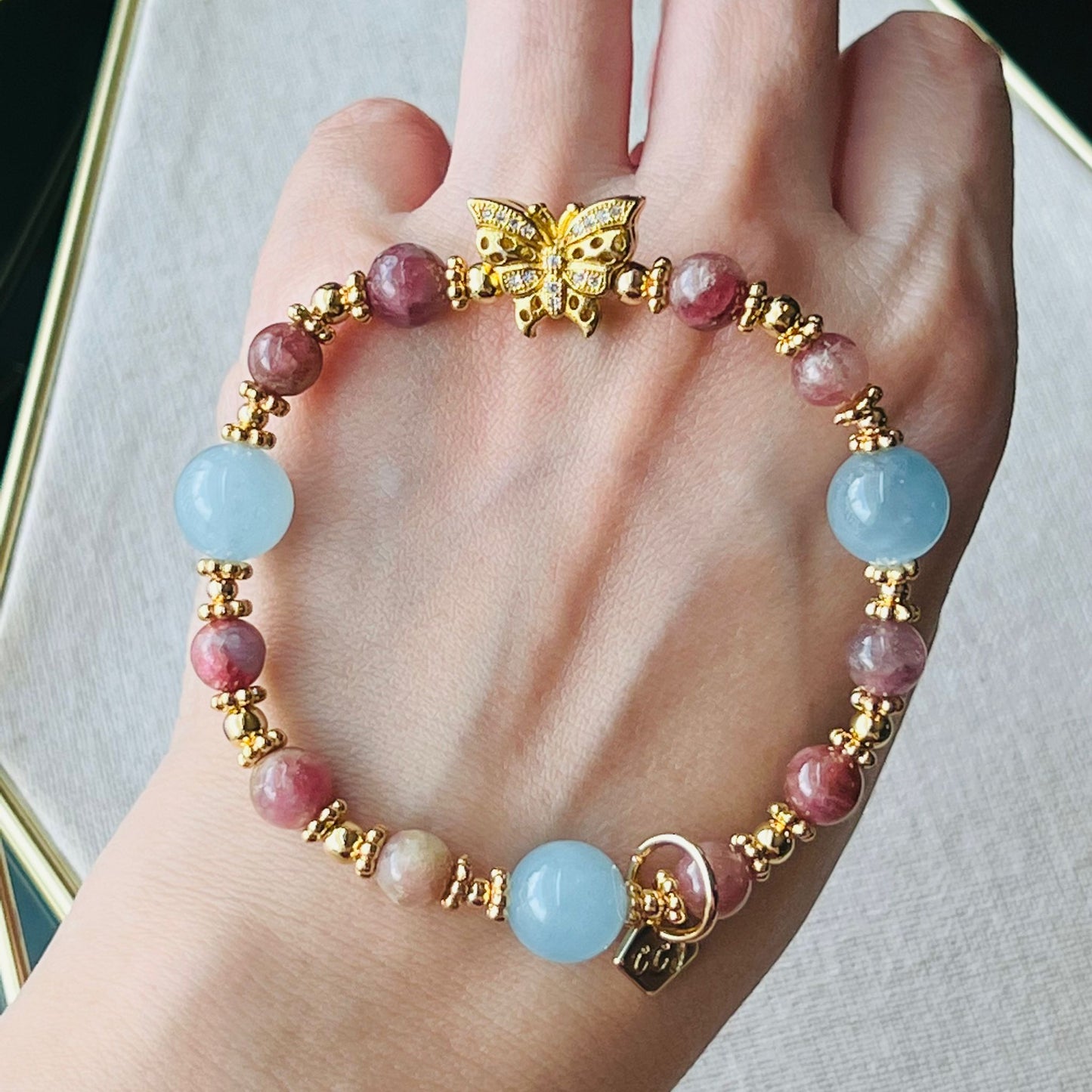 Aquamarine & Pink Tourmaline In Quartz Bracelet