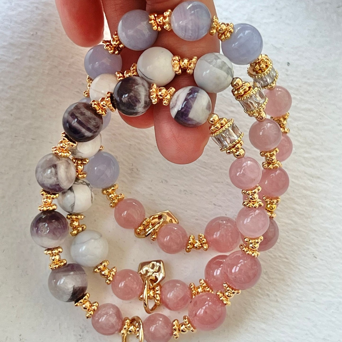 Madagascar Rose Quartz & Blue Lace Agate Moon Bracelet