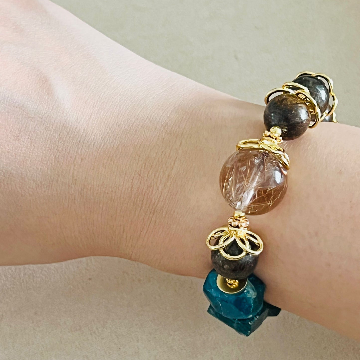 Bronze Rutilated Quartz, Bronzite & Blue Apatite Bracelet