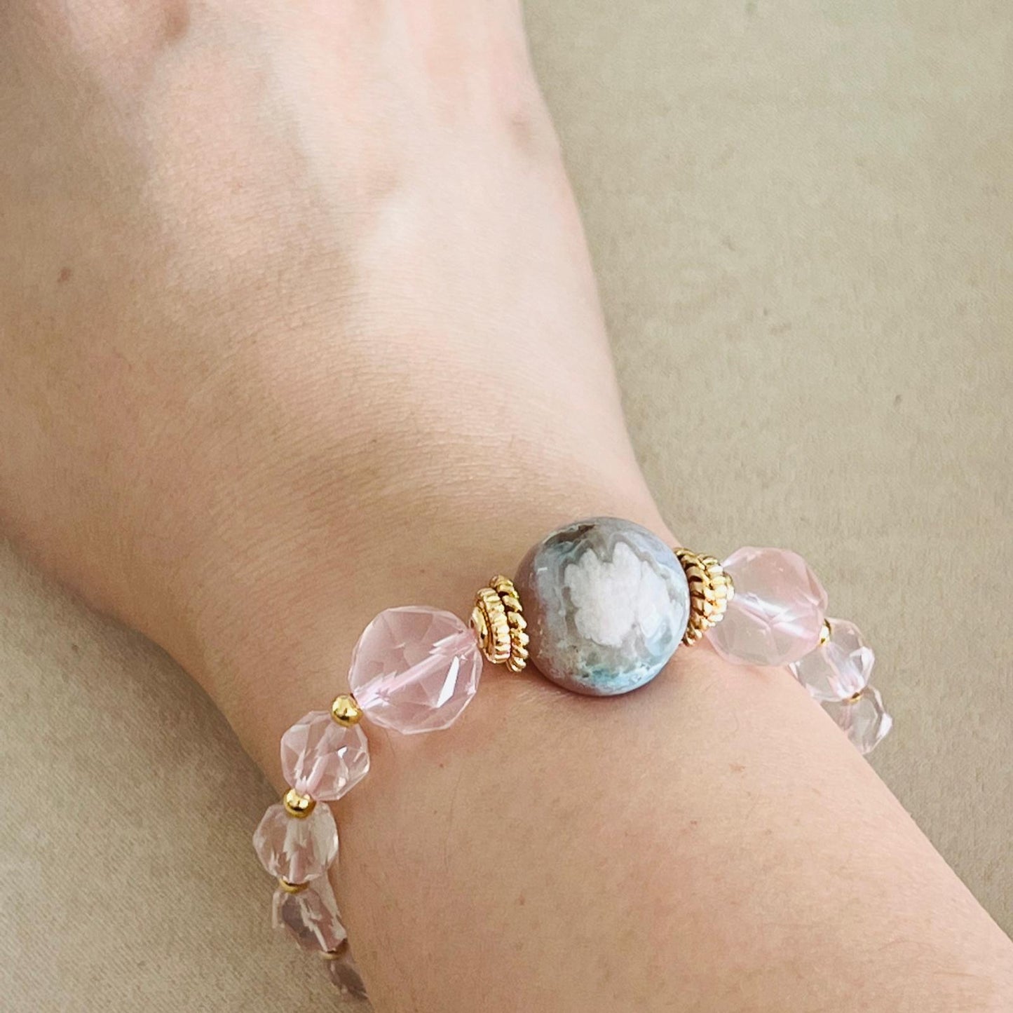 Sparkly Sakura Agate & Rose Quartz Bracelet