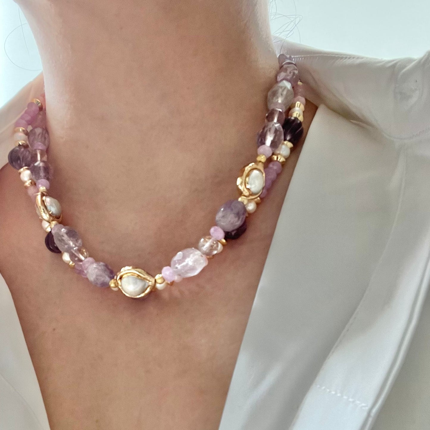 Amethyst, Baroque Pearl & Rose Quartz Necklace