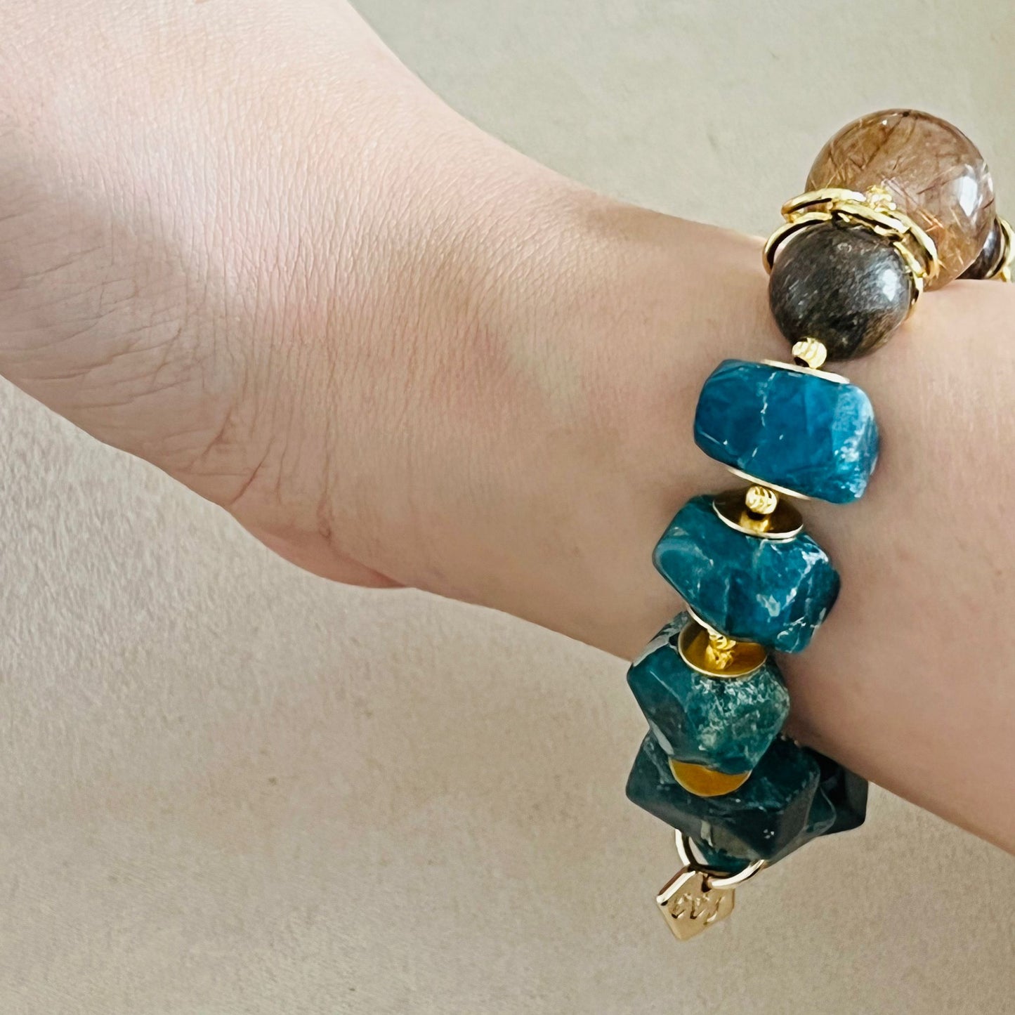 Bronze Rutilated Quartz, Bronzite & Blue Apatite Bracelet