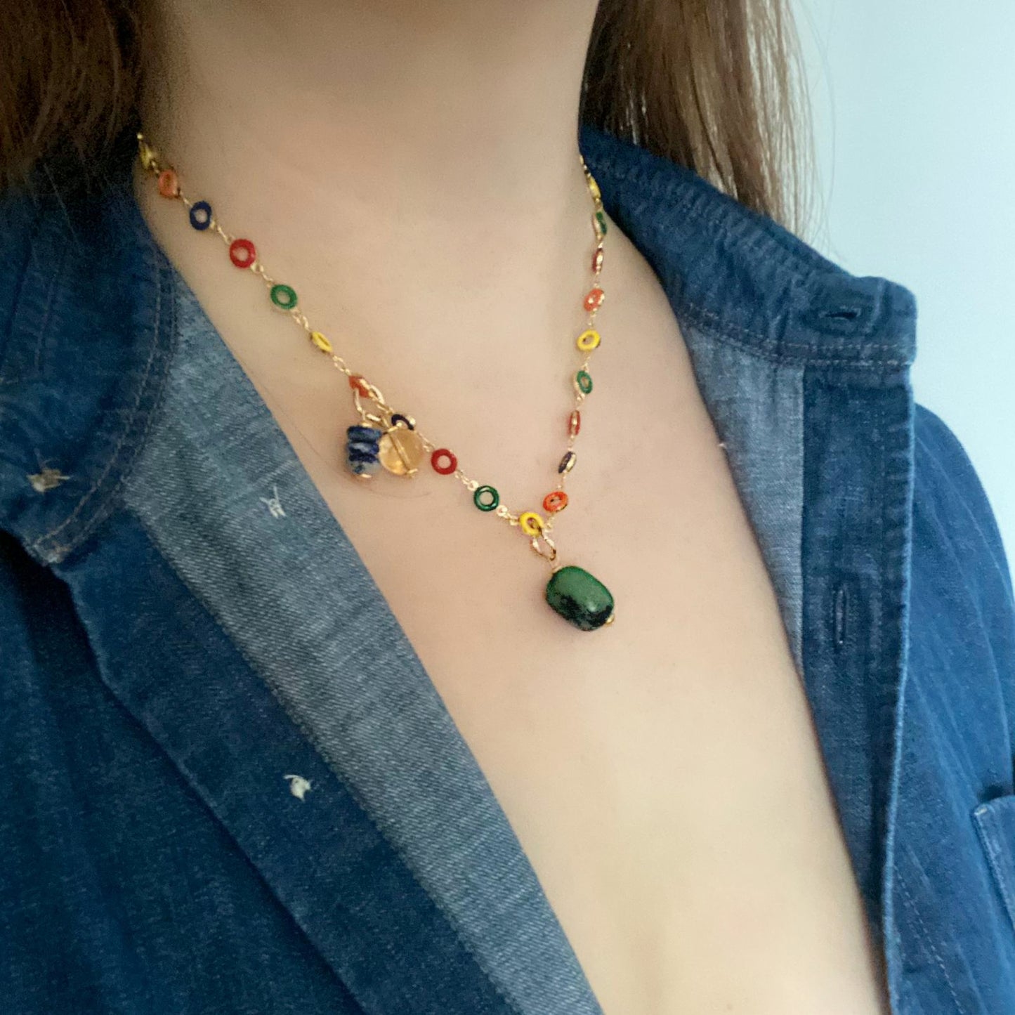 Ruby Zoisite, Citrine & Lapis Lazuli Necklace