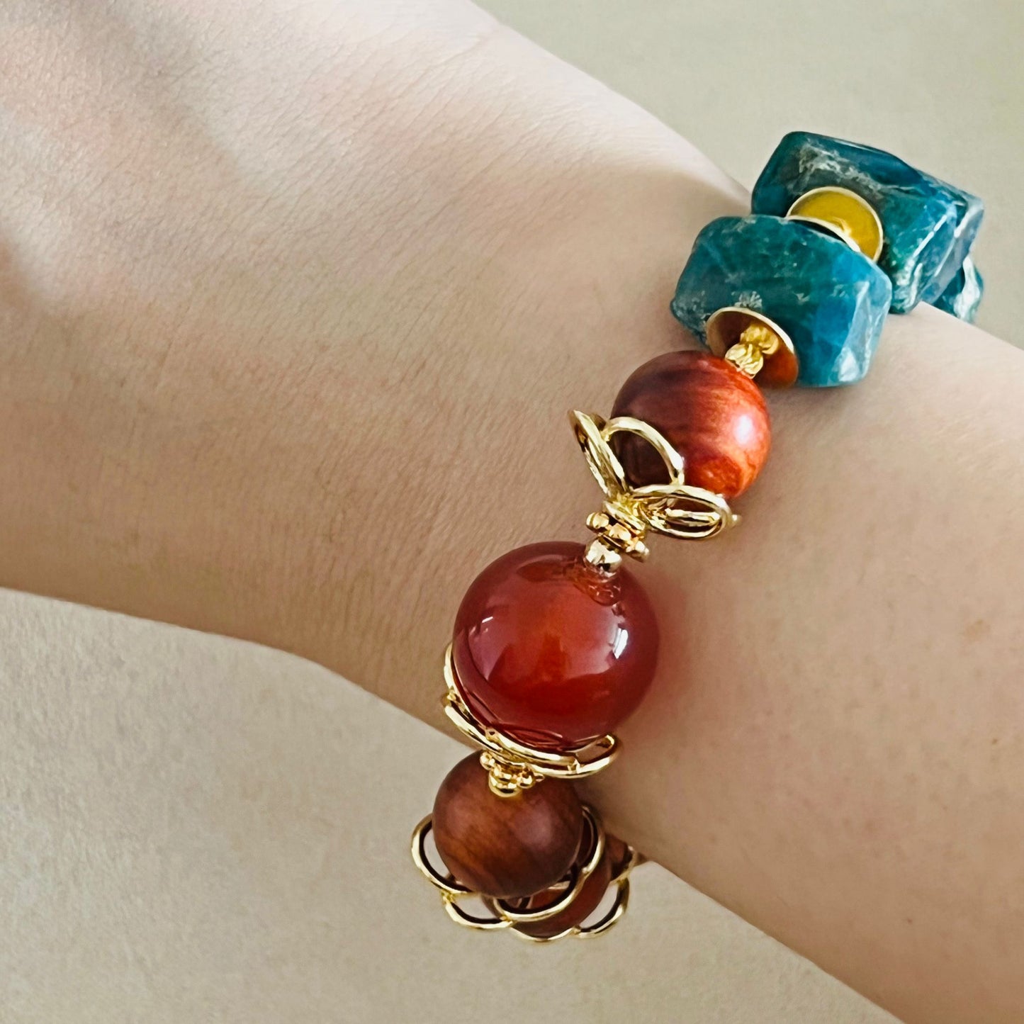 Red Agate, King Of Wood & Blue Apatite Bracelet