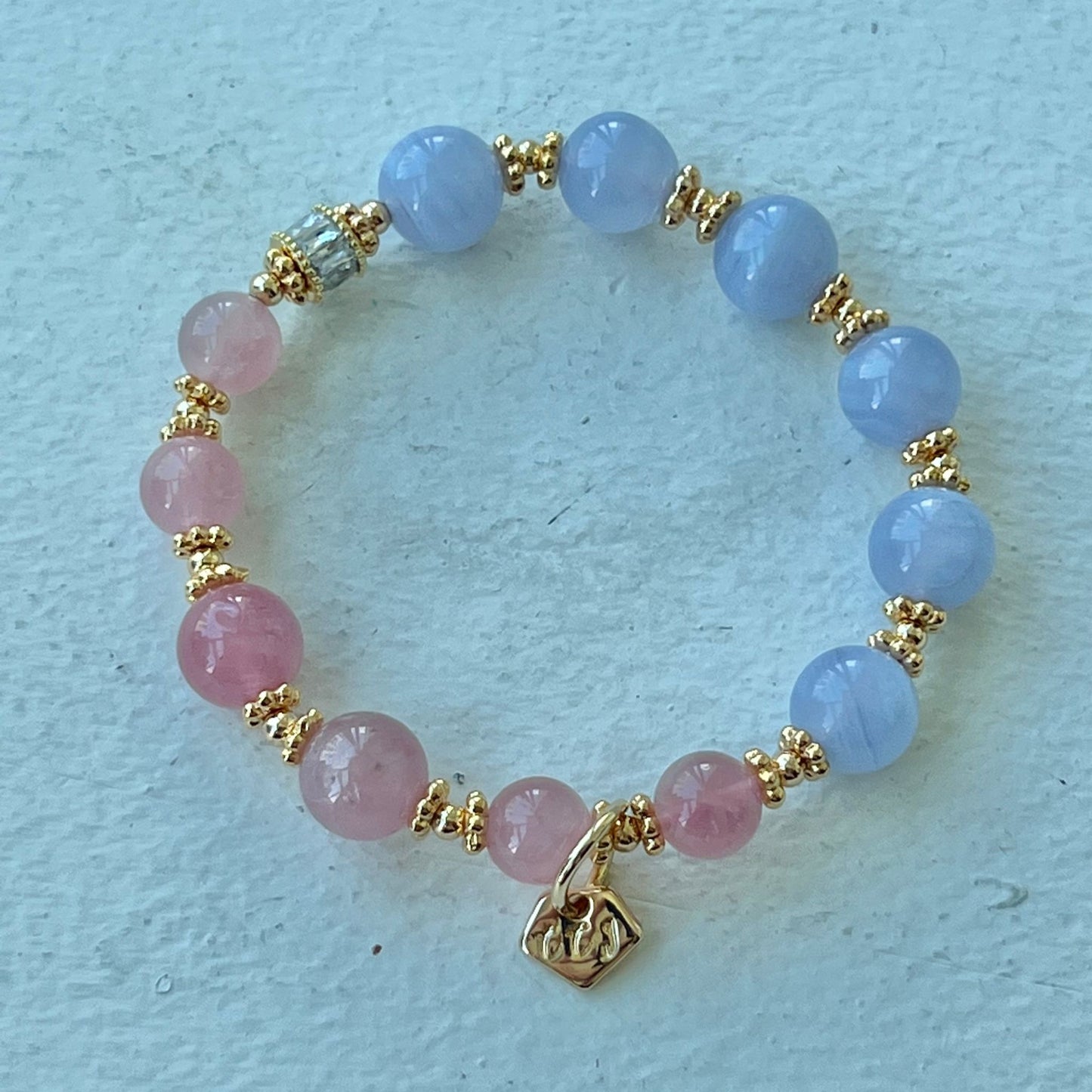 Madagascar Rose Quartz & Blue Lace Agate Moon Bracelet